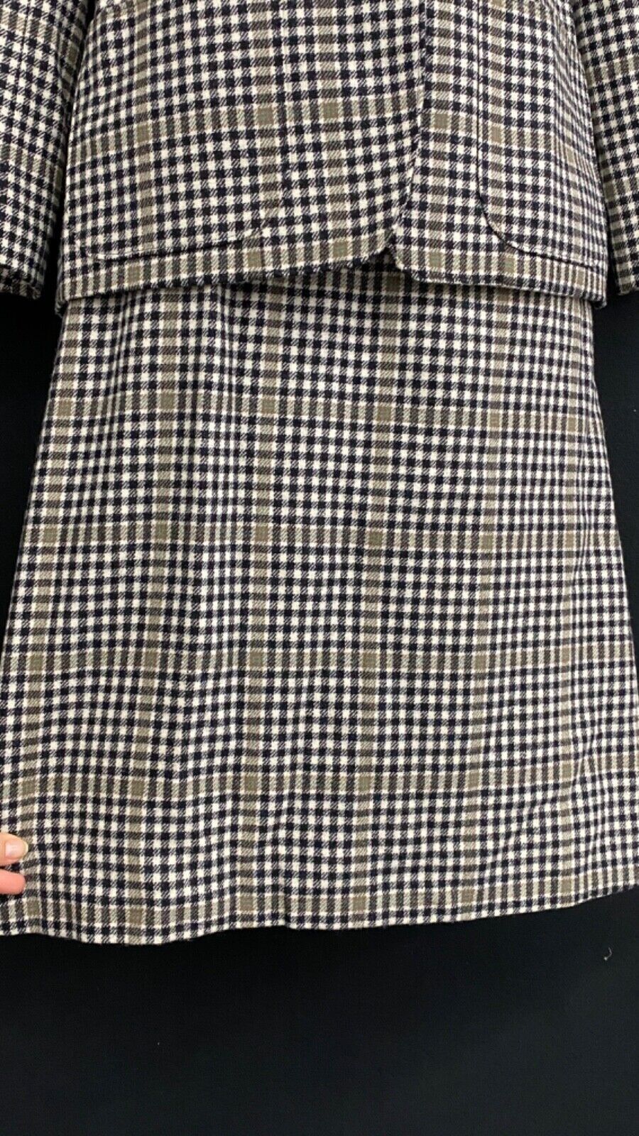 Vintage wool plaid black white gray suit jacket blazer skirt set outfit XS S