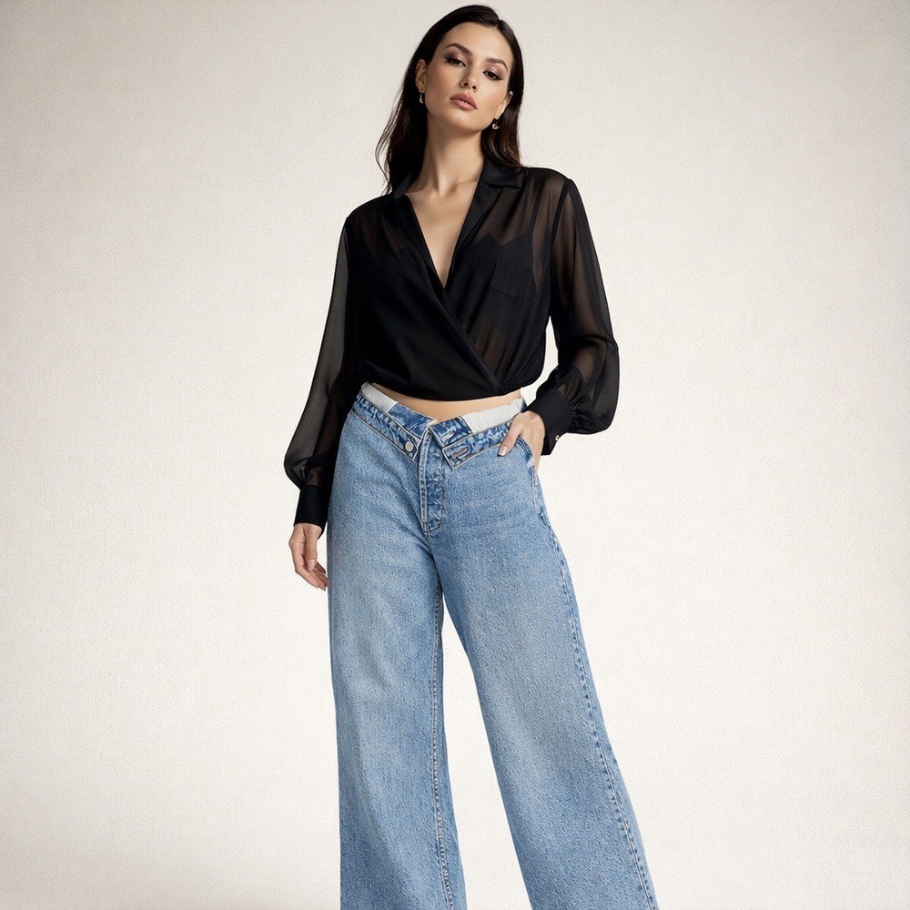 EB Denim Fold Over Waist Wide Leg Jeans street style USA actual sz 28 grunge