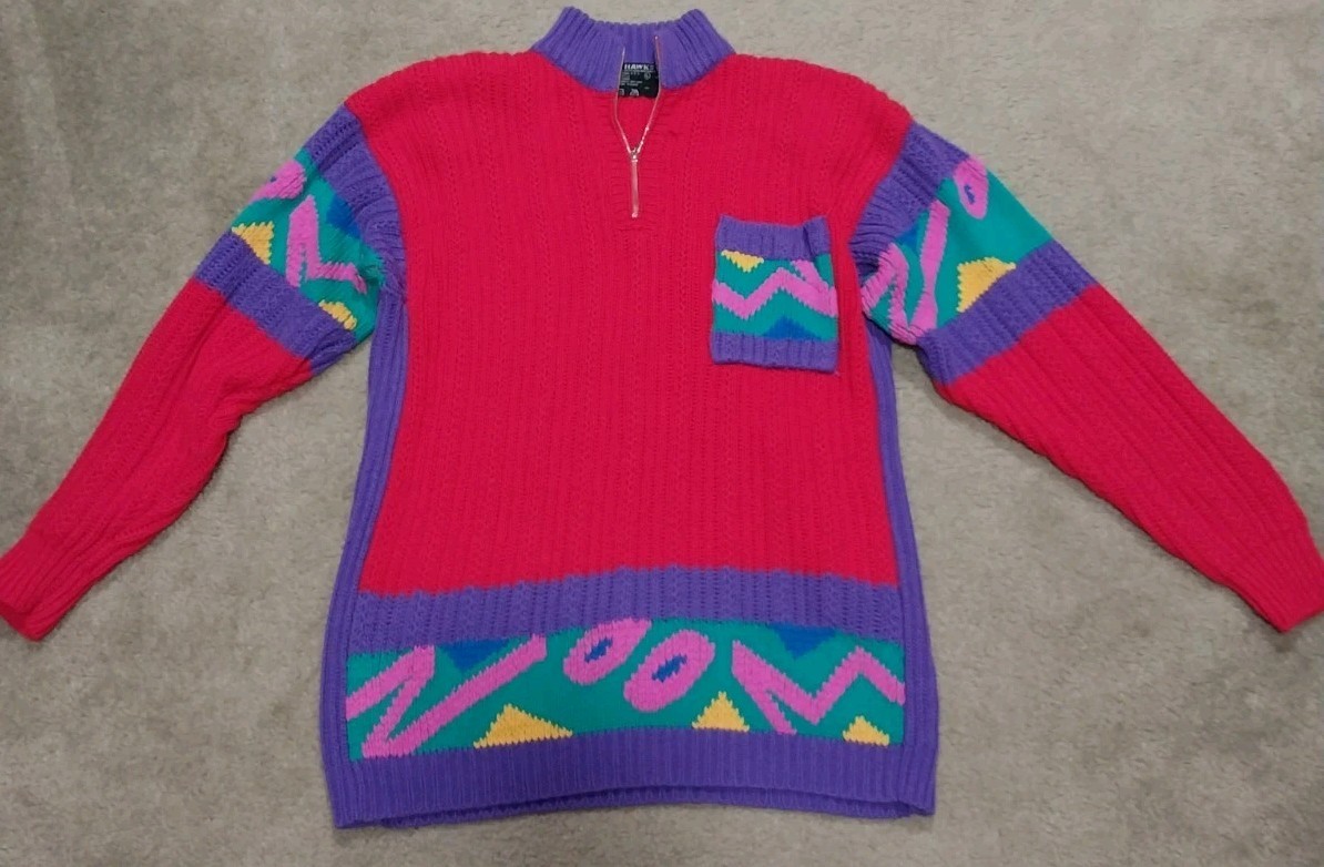 Kitty Hawk Vintage Colorful Sweater 80s 90s Front Zipper And Pocket Size Large