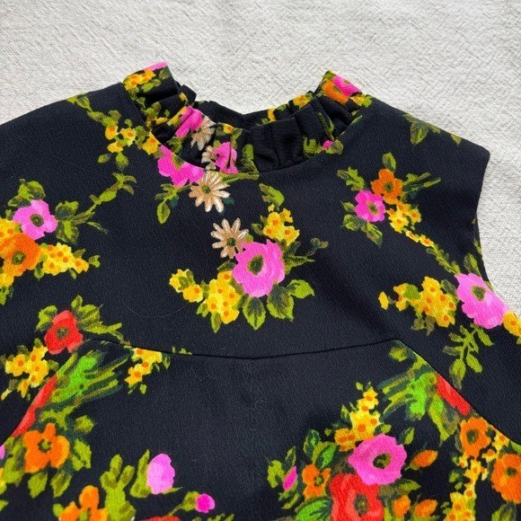 VTG 70s Black Neon Floral Pleated Ruffle Maxi Dress XS Retro Mod Handmade