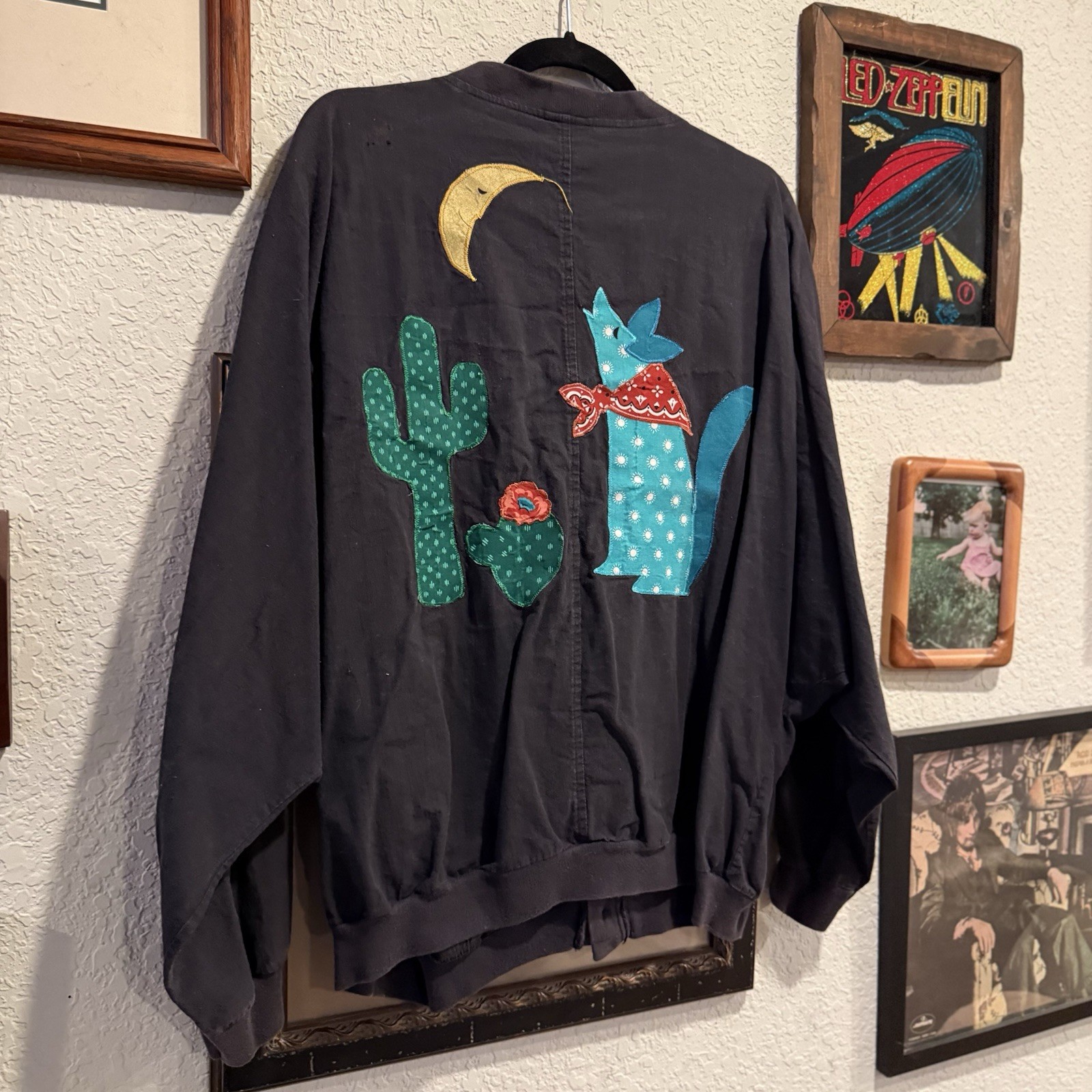 Vintage 80s Sweatshirt Cardigan Southwestern Coyote Moon Country Western Boho XL
