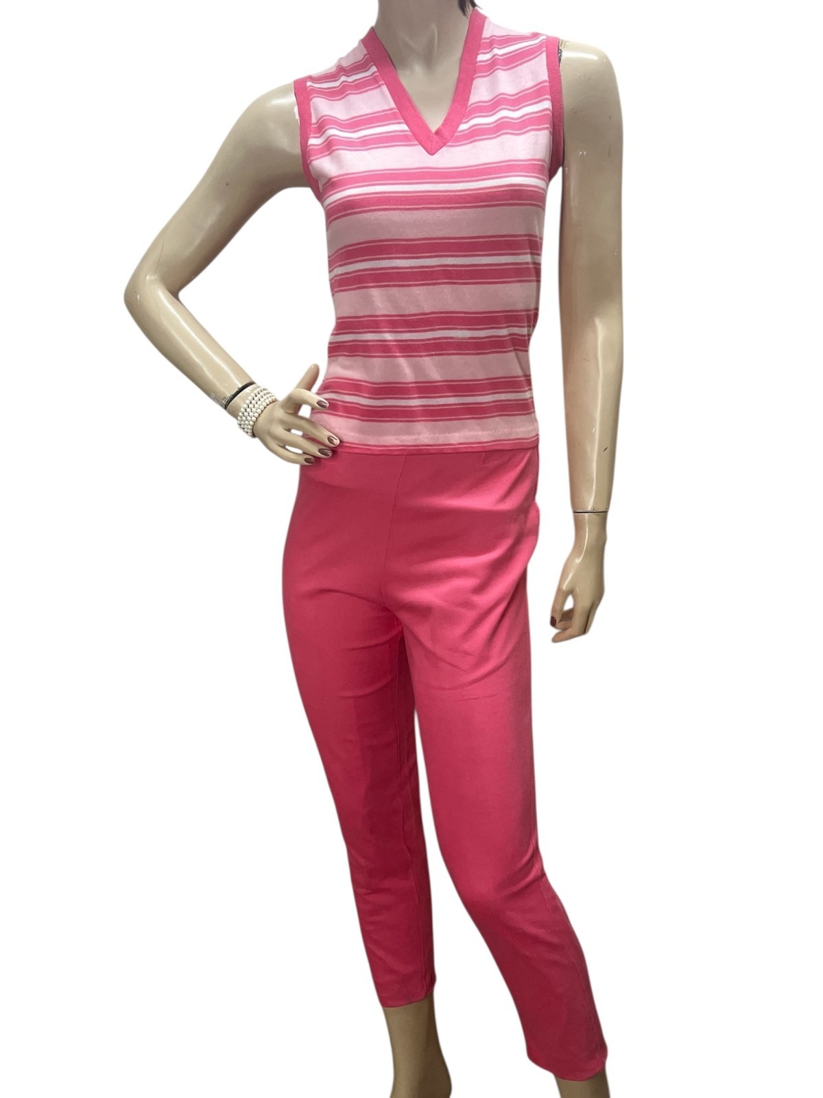Vtg 60s 2 Pc SET Cigarette LINED Pants Blouse PINK KNIT Top XS WOMENS/L CHILDS