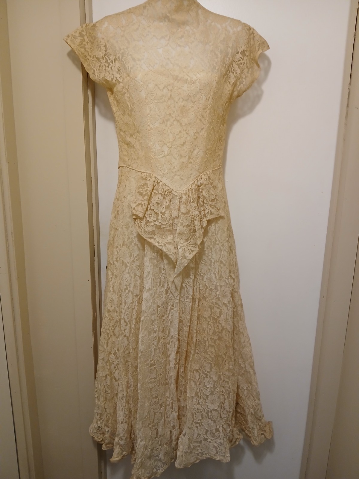 1930s-1940s Ivory Cream Wedding Dress, Formal Evening Gown