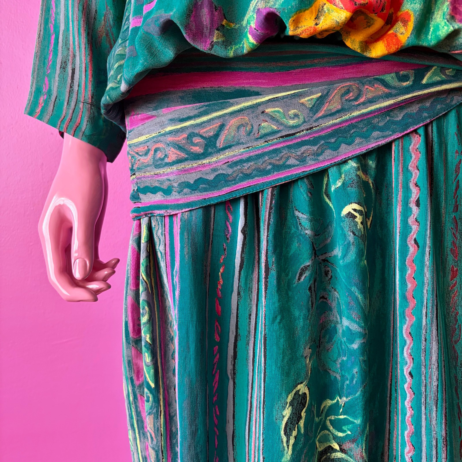 Vintage 80s 8 Midi Dress Dropwaist Teal Multi Abstract Floral Sash Long Sleeves