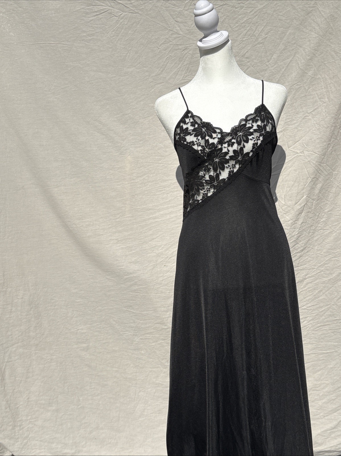 VTG 70s JCPenney Black Lace Maxi Nightgown S 8-10 Union Made USA Open Back