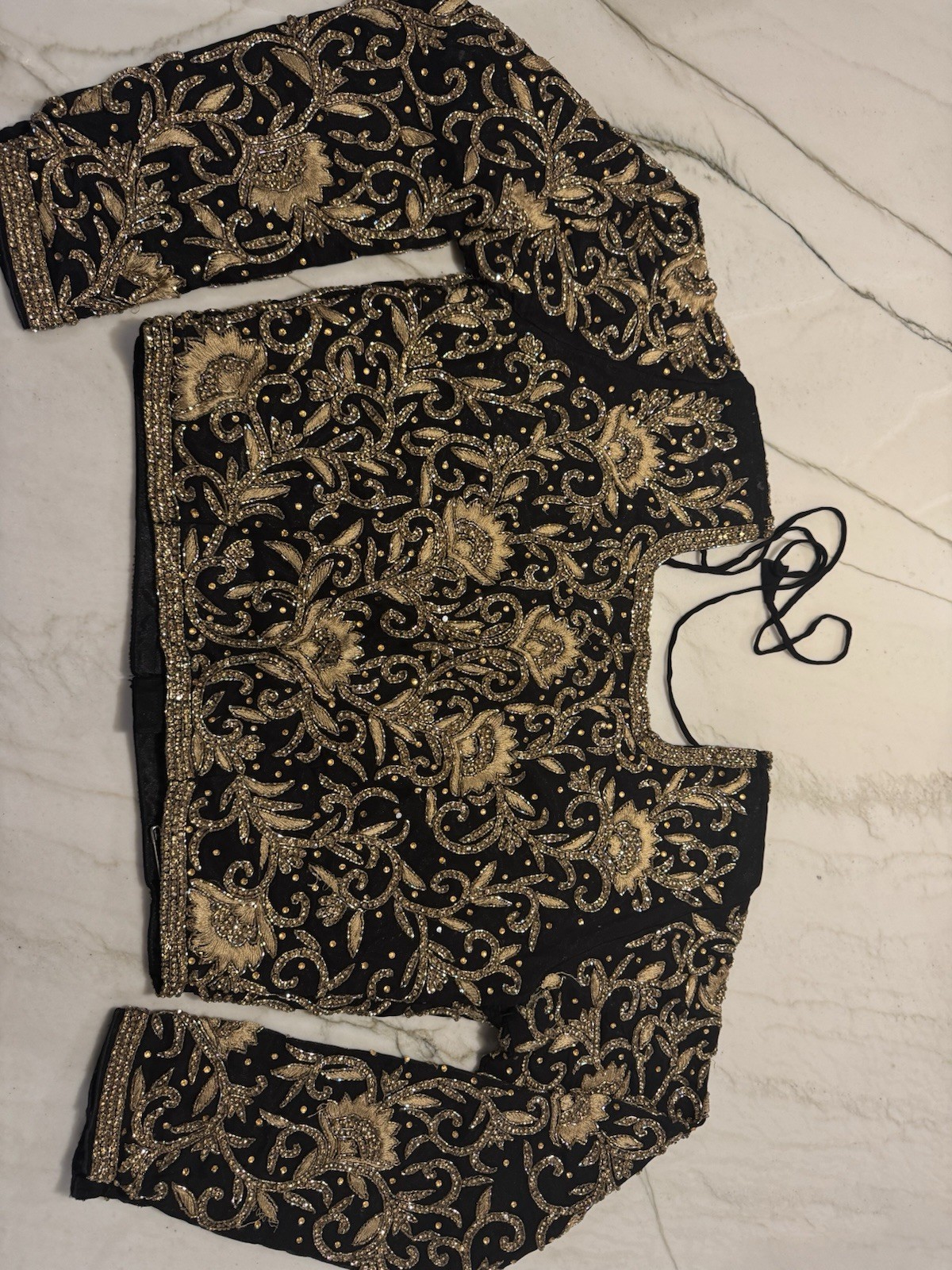 Vintage Indian Sari Blouse Choli Black Gold Beaded Embroidered Top Sz S M