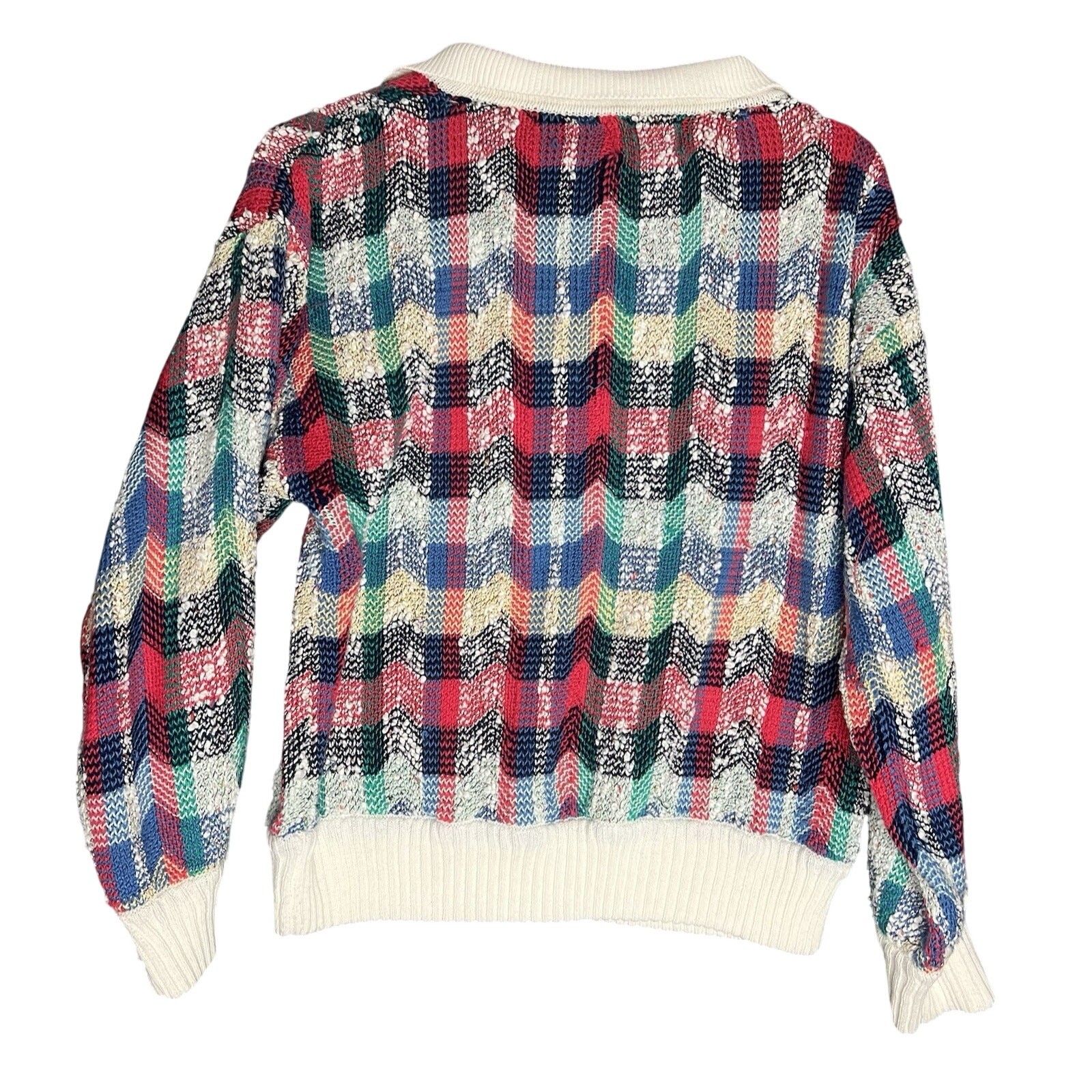 Vintage 80s LeRoy Knitwear Sweater Sz L Collared V Neck Textured Preppy Academic