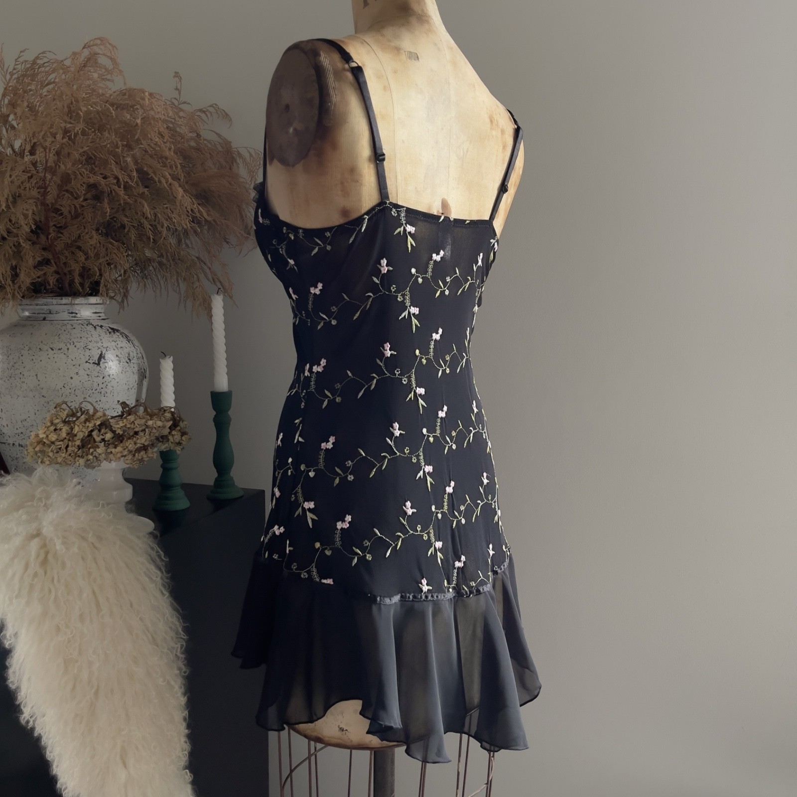 Romantic Y2K Black Floral Embroidered Semi-Sheer Mesh Slip Dress (M–L)