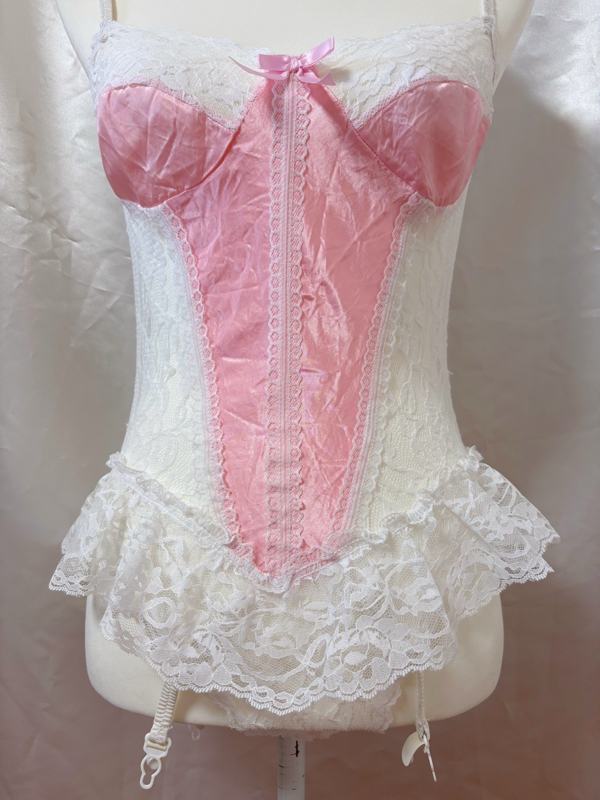 Vintage 80s Lace Pink White Lingerie Teddy Nightgown Romper Bodysuit USA Kawaii