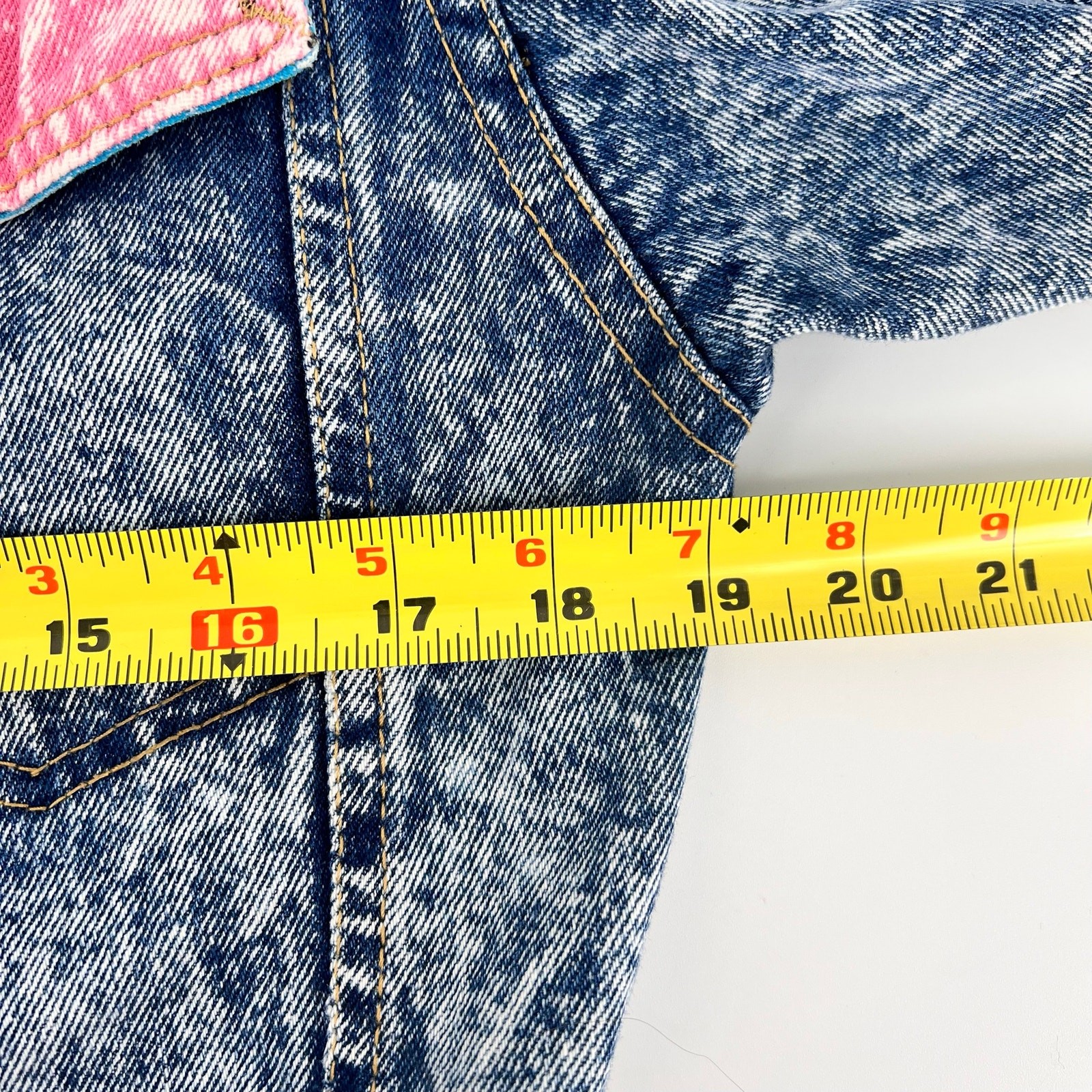 80s Cropped New Wave Acid Wash Jean Jacket Neon Color Block 1980s Vintage