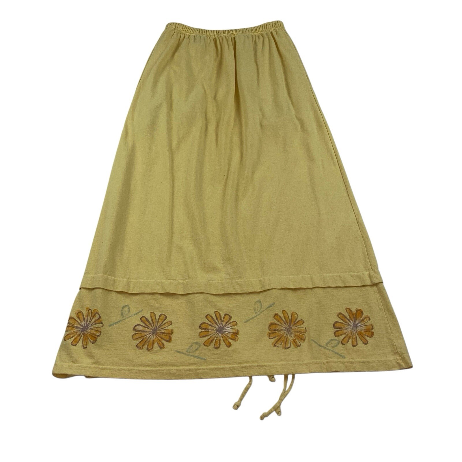 Vintage BLUE FISH Hand Printed Yellow Lagenlook Cotton Maxi Skirt Size 0