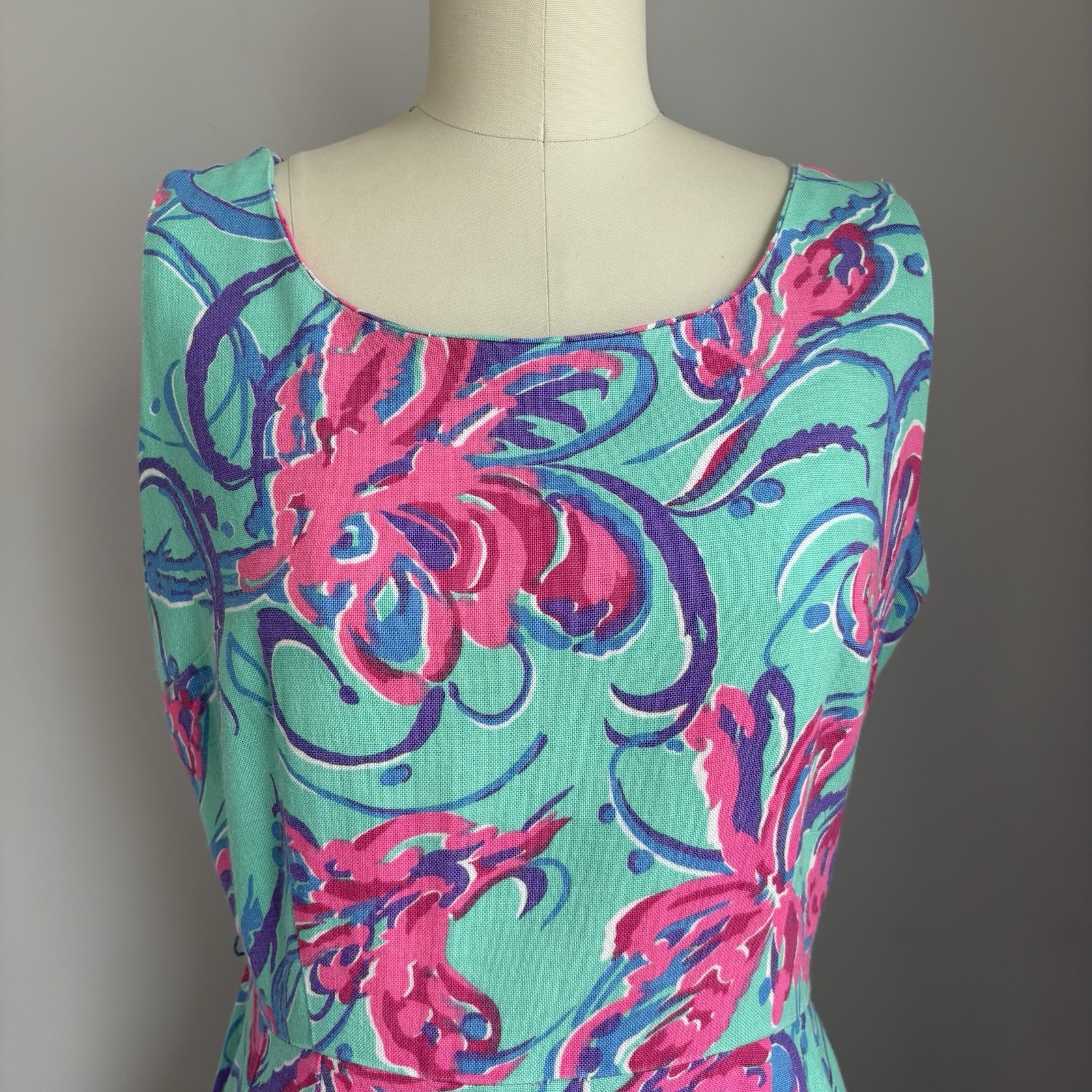Mod Vintage 1960’s Retro Aqua w/ Hot Pink Floral Print Ruffled Hem Sun Dress M