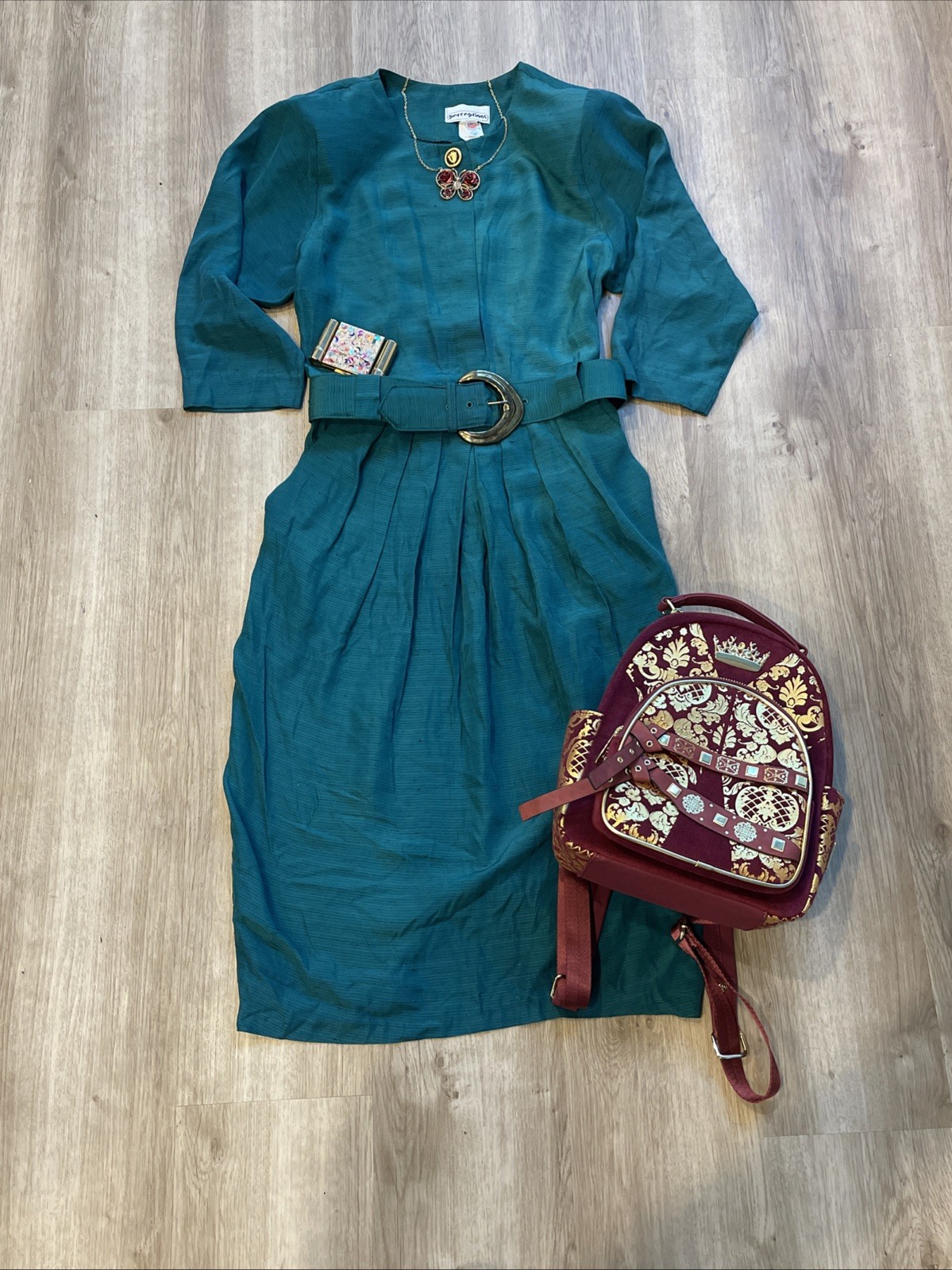 Vintage Perceptions Dress 9/10, S/M Teal Green Belted Midi USA Union Made Retro