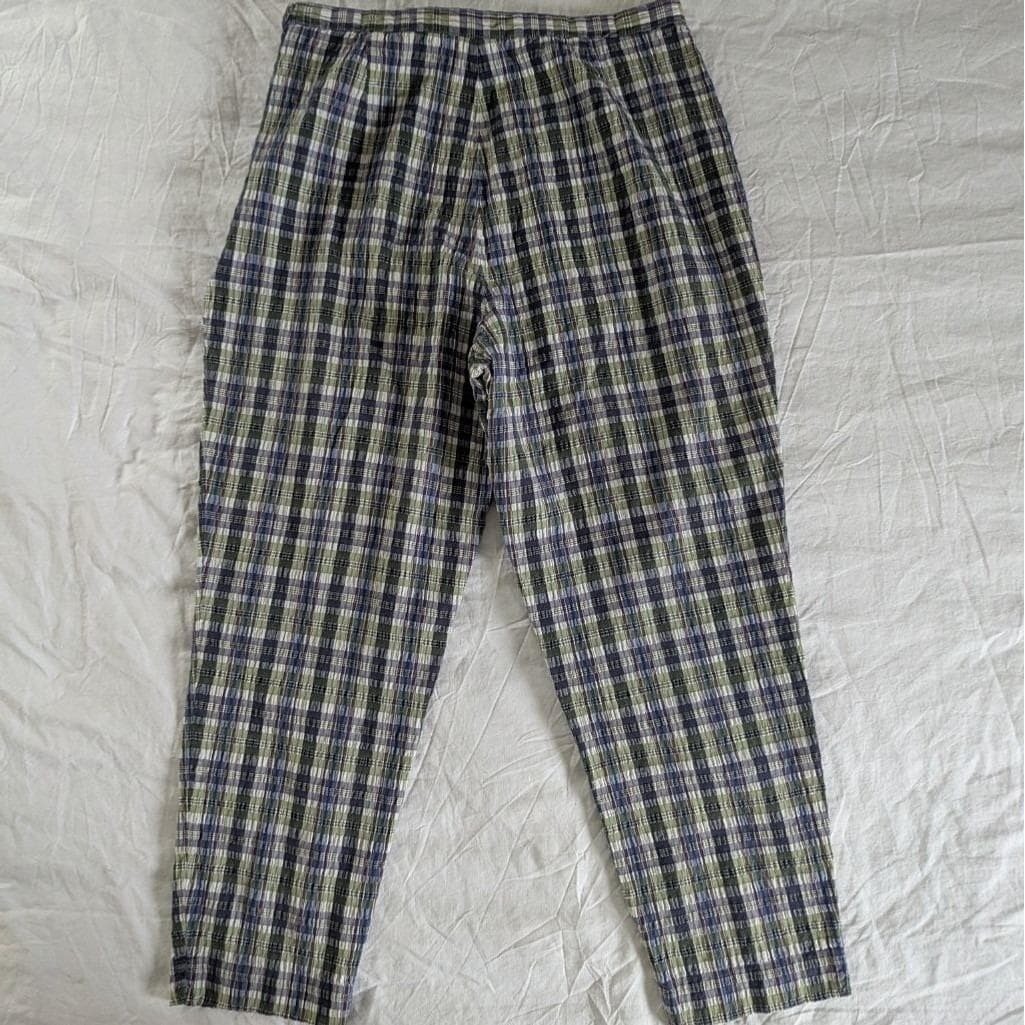 Vtg Express Plaid Trousers Green Navy High Waist Tapered Pants Womens Sz 11/12