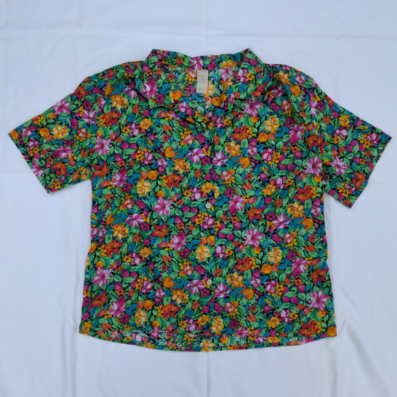 Women’s Vintage Short-sleeve Flowers/Oranges Graphic Print Button Up Shirt Sz 16