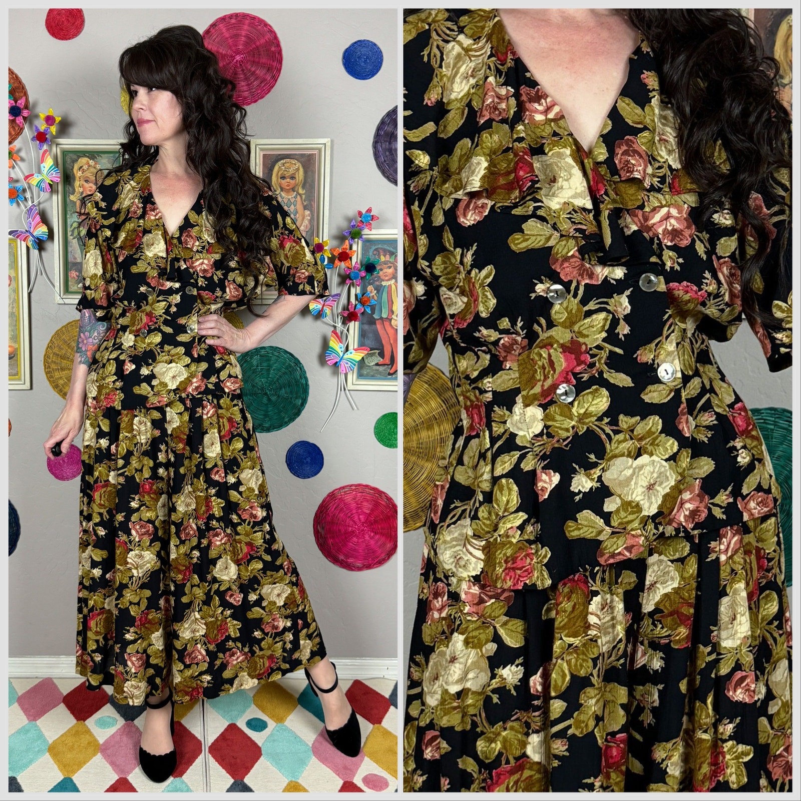 Vintage 1980s Floral 2-Piece Set Ruffle Top & Wide Leg Palazzo Pants | 27″ Waist
