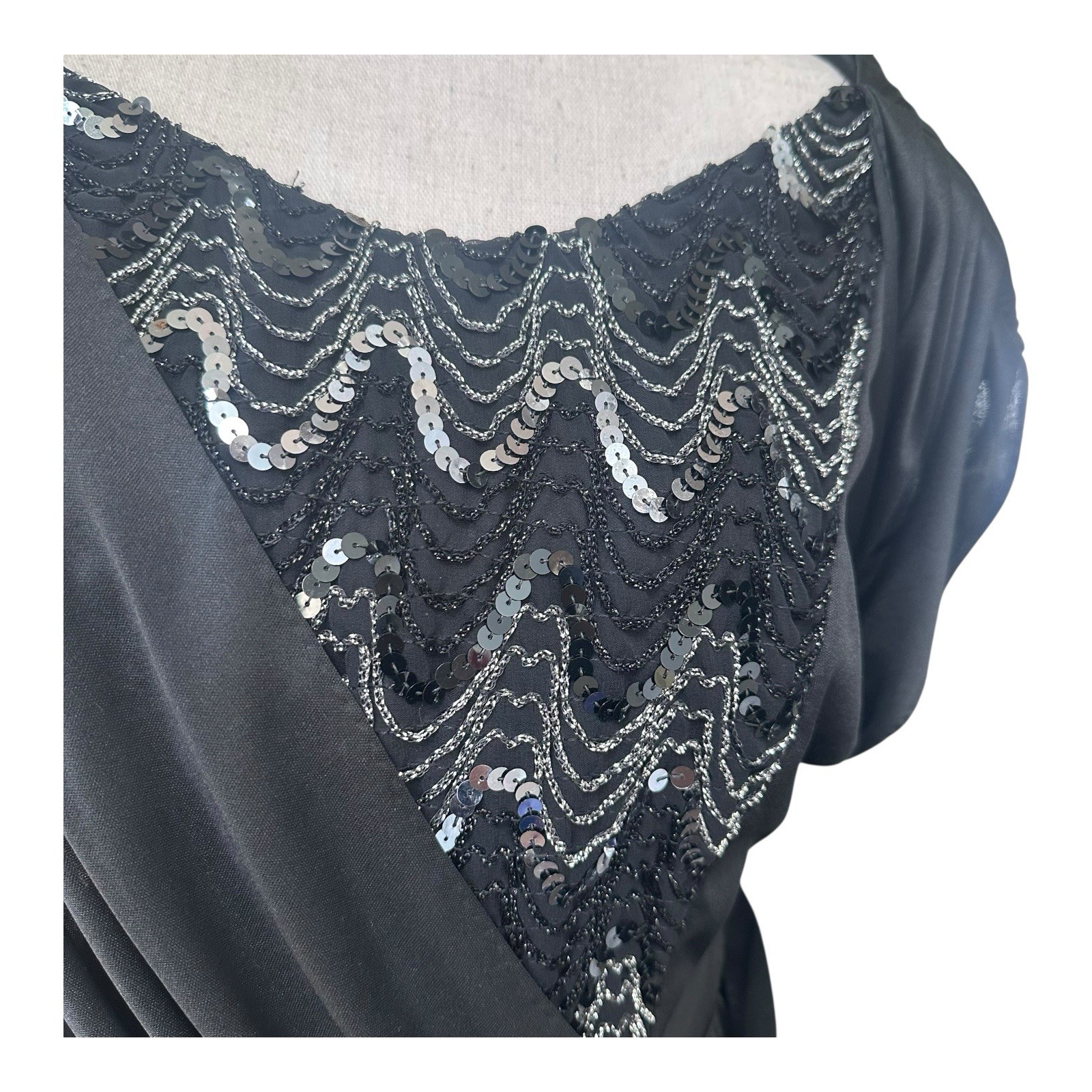Vintage 80s Glenrob Black Sequin Lace Drape Cocktail Party Midi Dress