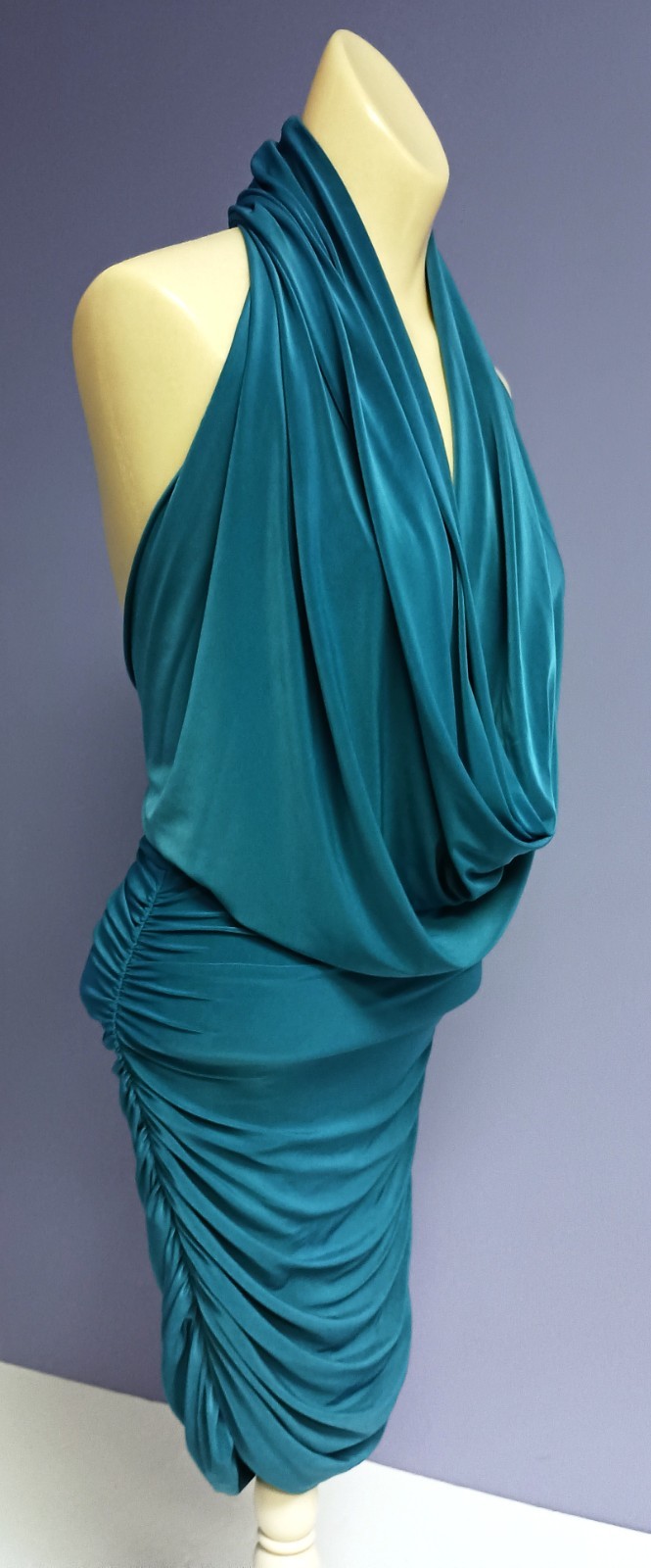 Vintage 90’s XXI Teal Bodycon Backless Ruched Cowl Halter Dress S/P