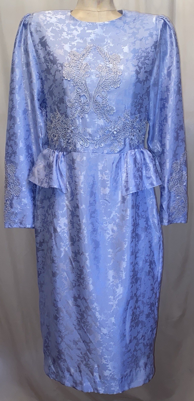 CC Courtenay Vintage 1990’s Brocade Satin Peplum Dress With Bridal Lace 10 Px