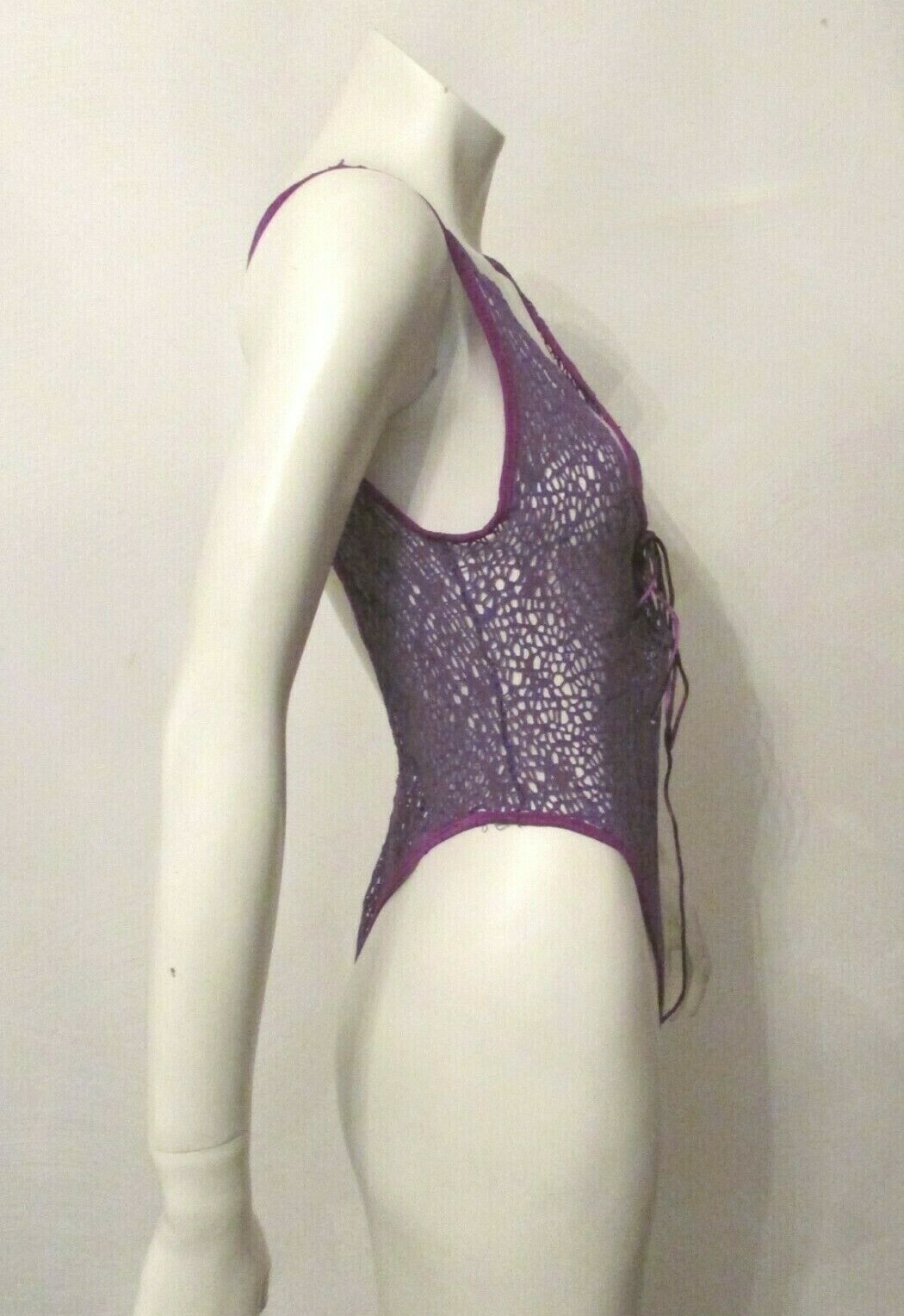 70’s Shirley of Hollywood 725 Purple Fishnet Hi Leg Bodysuit Teddy L made in USA