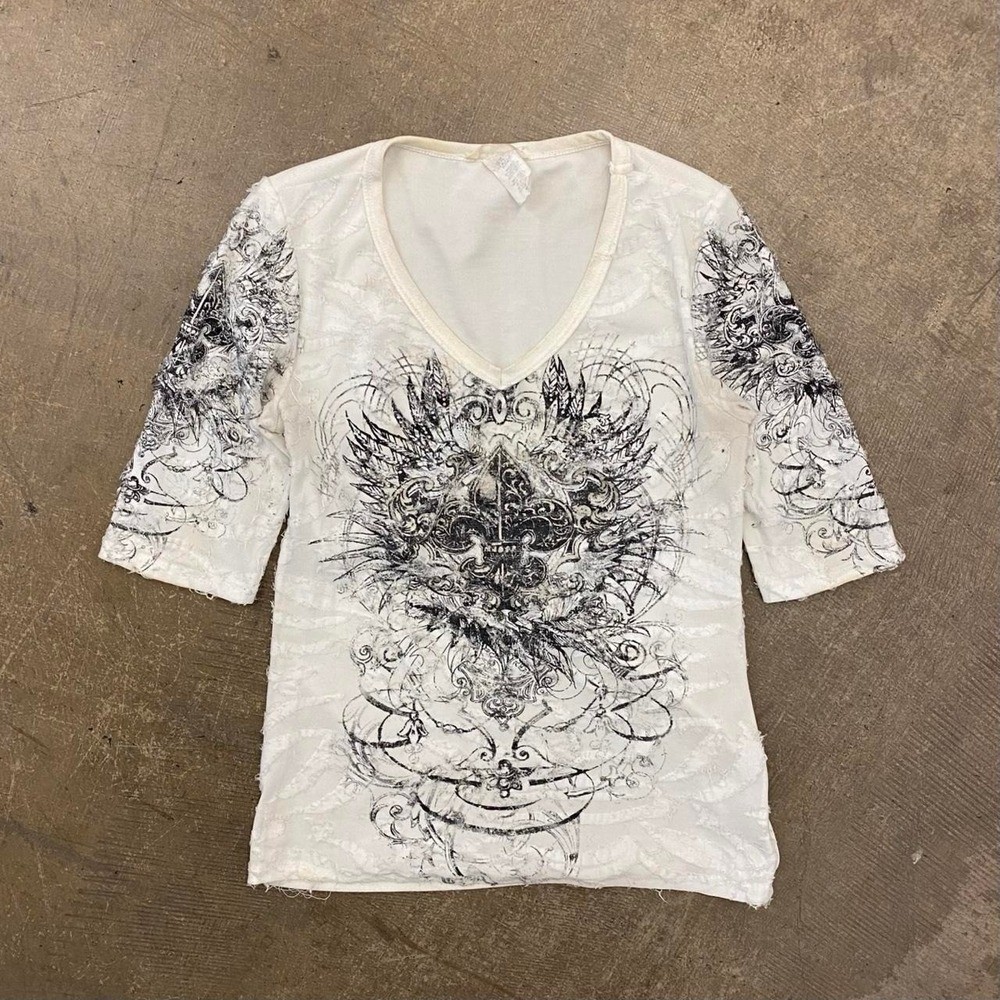 Vintage Y2K Womens Skate Grunge Fleur De Lis V-Neck Shirt Size Medium
