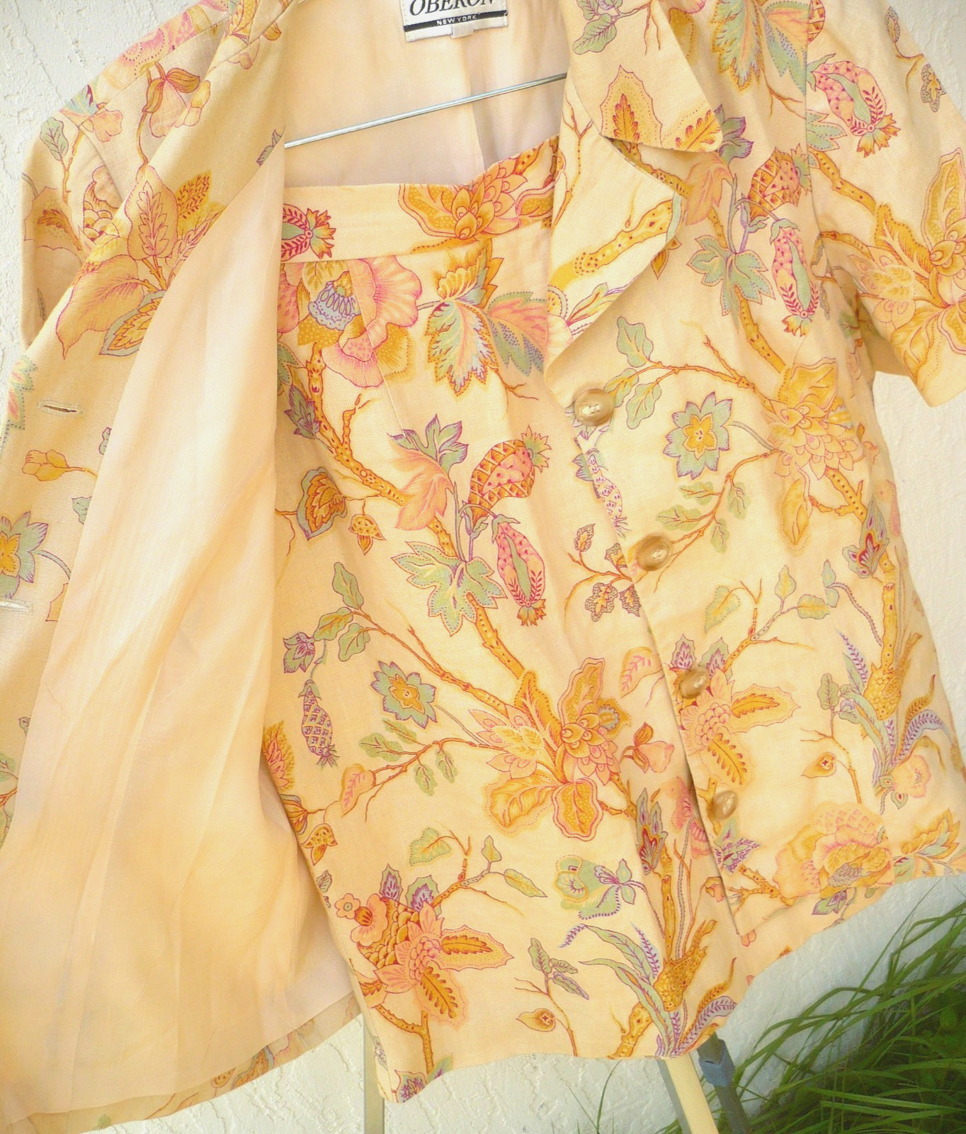 VTG OBERON pastel PINK BLUE FLORAL CREAM LINEN SUIT WOMEN BLOUSE SKIRT LINED L M