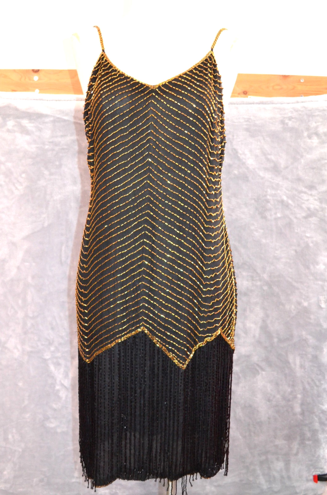 Vanna White Original Silk Bead Tube Dress Womens M w/ Shawl Black & Gold