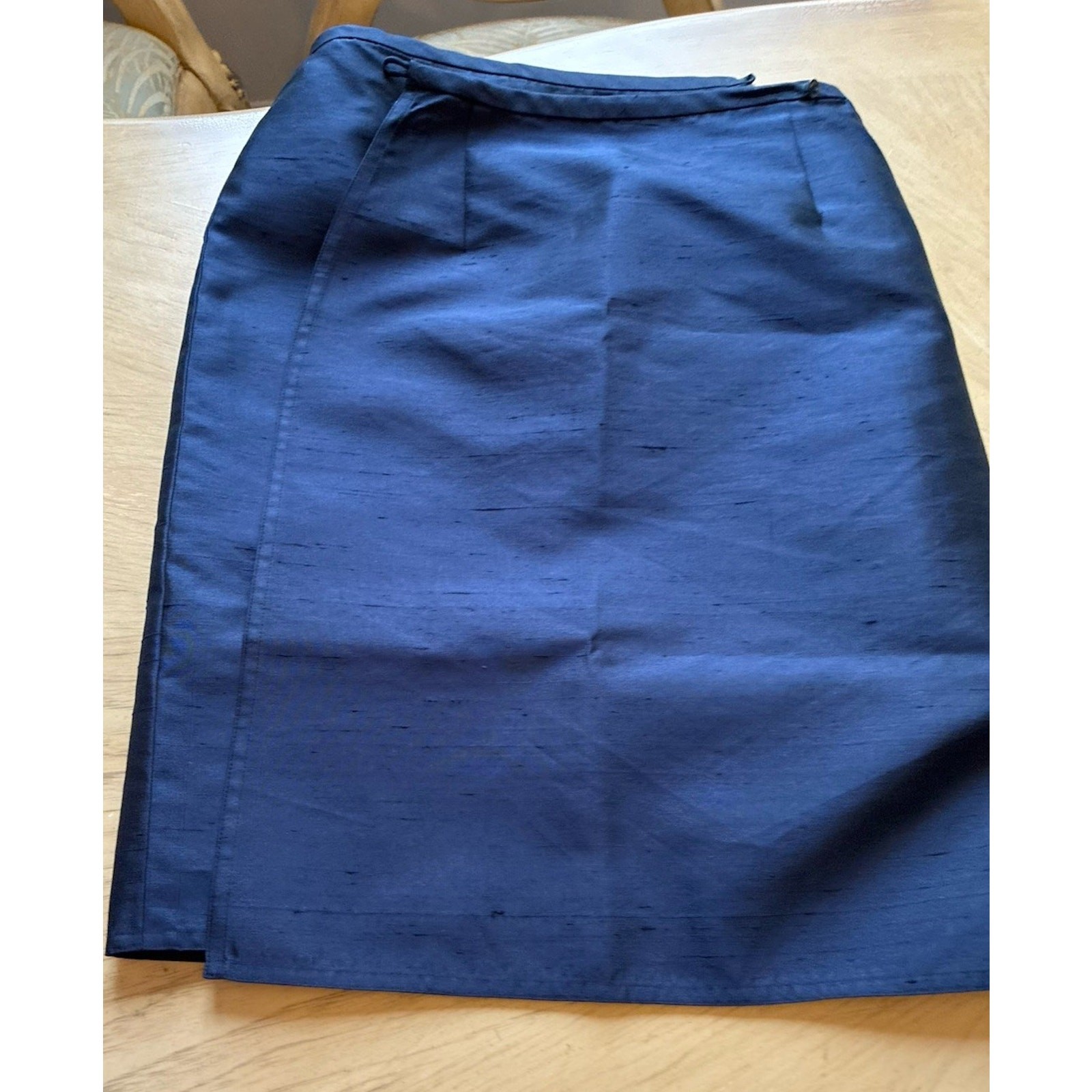 Vtg 90s Ralph Lauren Navy 100% Silk Dupioni Wrap Skirt USA UNITE Slubbed Silk 6