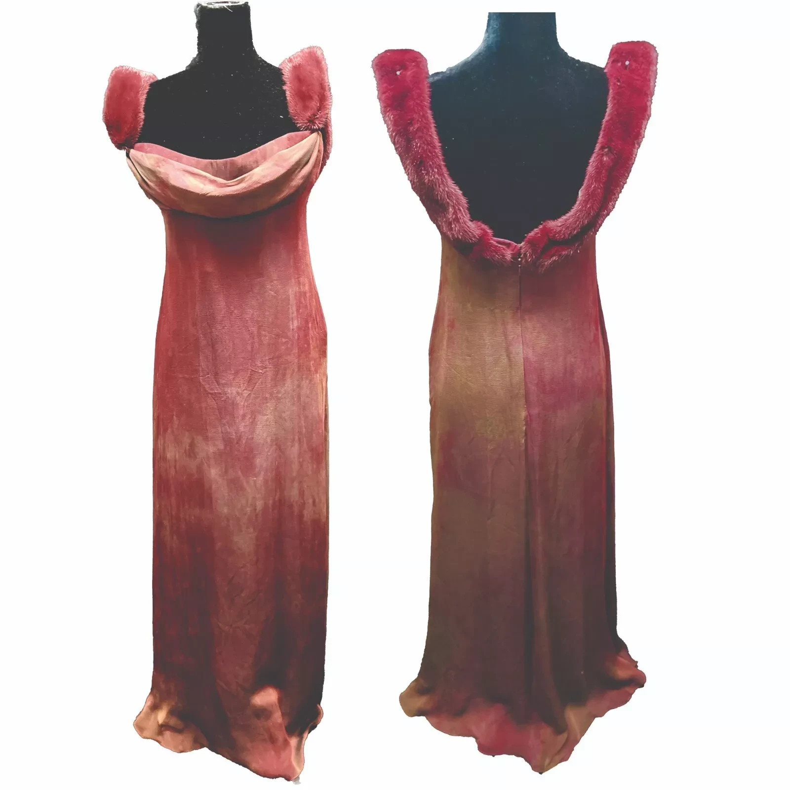 Vintage Halston Berry Pink Ombré Silk Chiffon Gown Cowl Neck Mink Stole Size 8