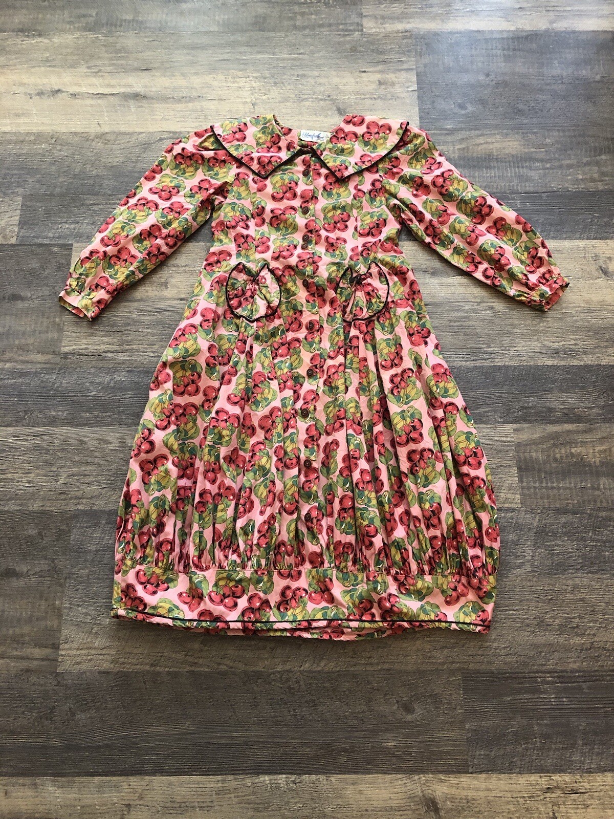 VTG 90’s RED PINK MULTI COLORED CHERRIES FRUIT COTTON MIDI BUBBLE DRESS*SMALL