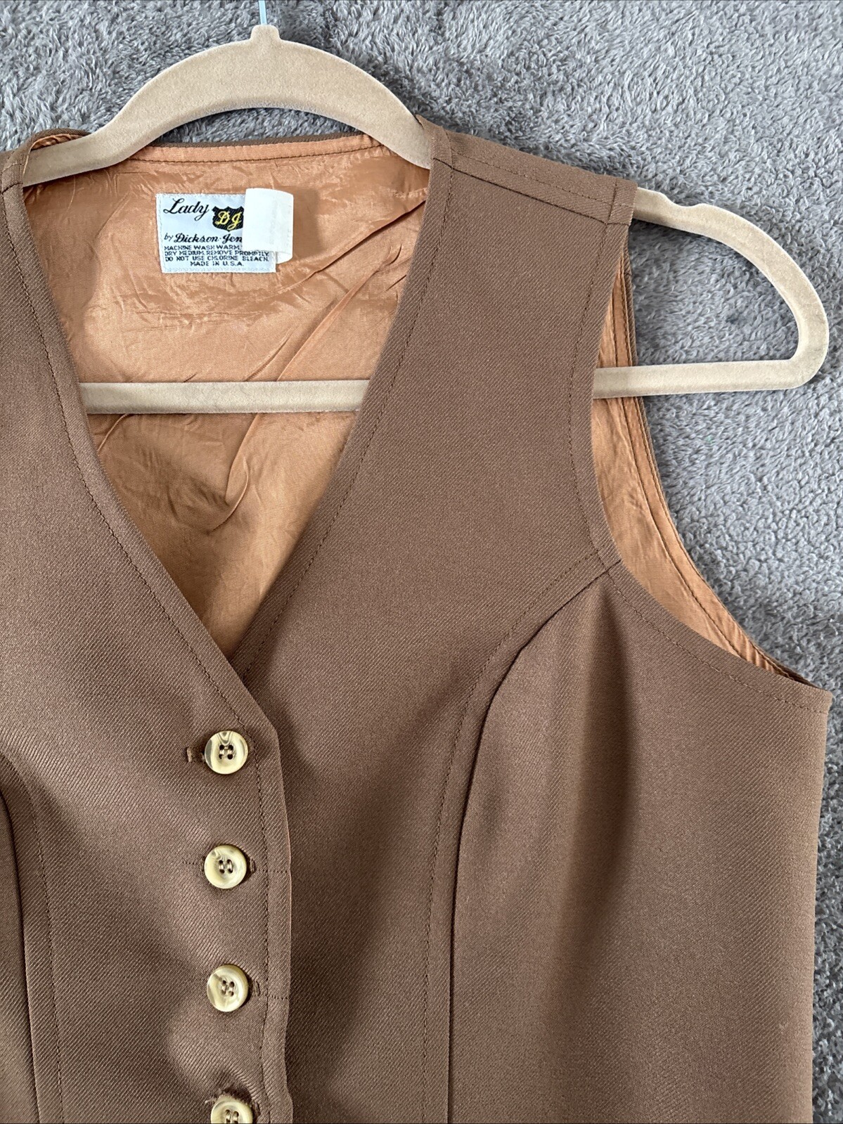 Lady Dickson Jenkins Vest 1970s Vintage Beige Button Front Fitted USA Made SNL