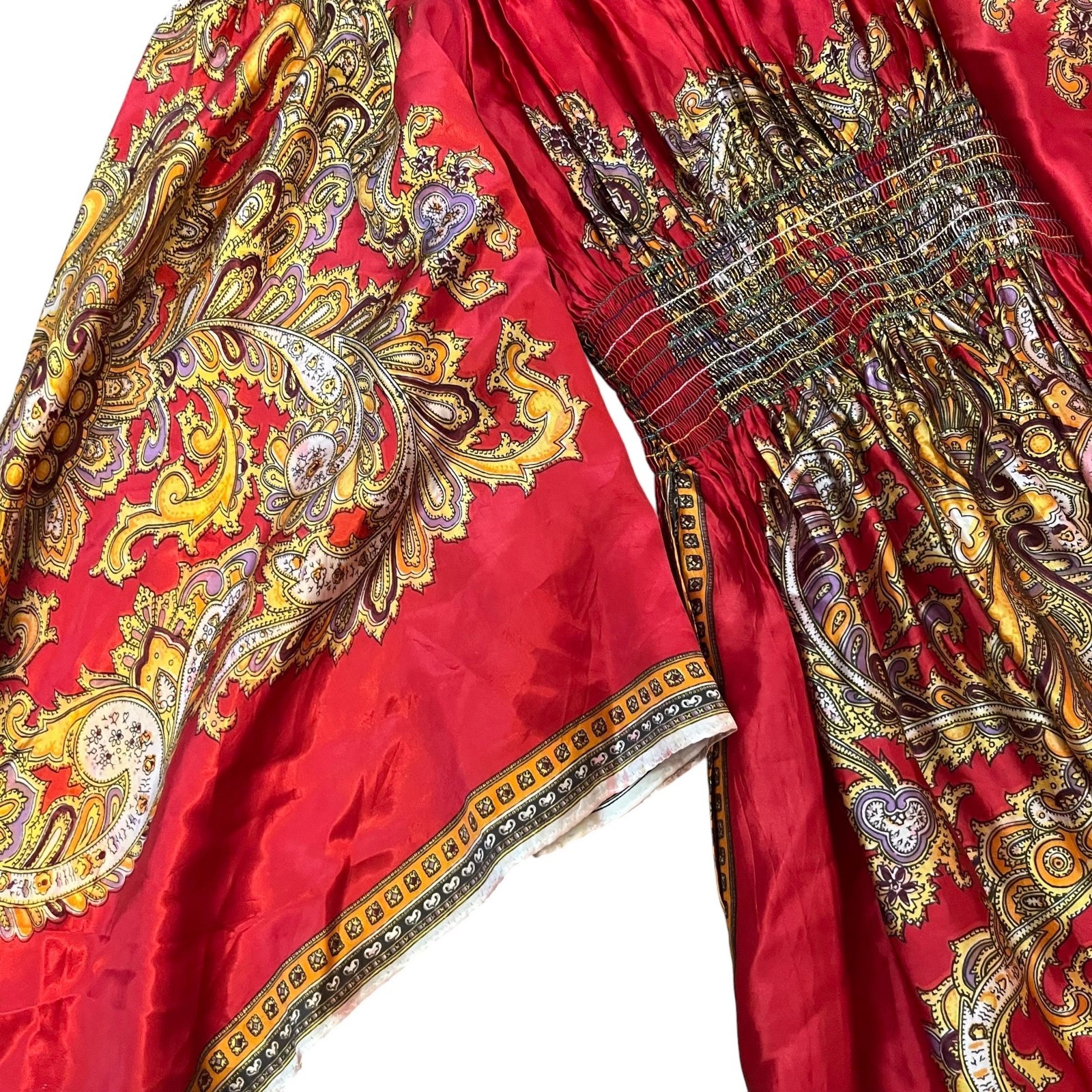 Vintage 1970s Red Kaftan Maxi Dress Asian Paisley Bell Sleeve Boho Pre-Owned