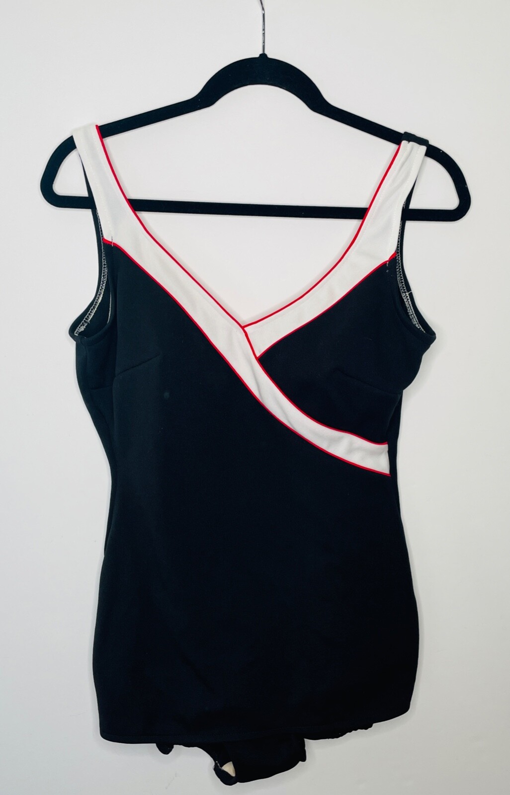 VTG 60’S ROBBY LEN ONE PIECE W/CUPS BLACK RED&WHITE SKIRTED SWIMSUIT*14 M/L