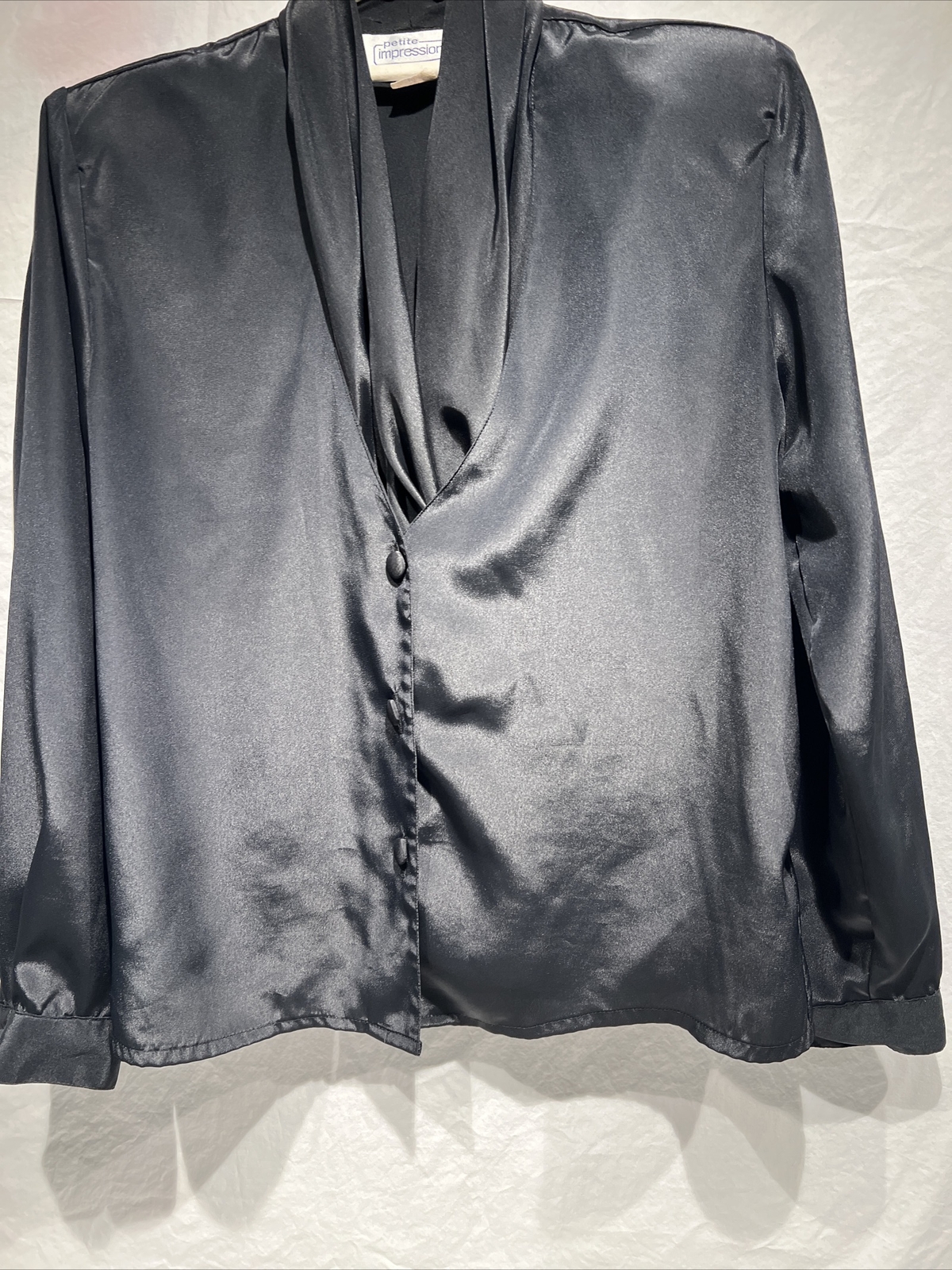 Petite Impressions Semi Sheer Shawl Neck Blouse Women Size 4 Button Cuffs Black