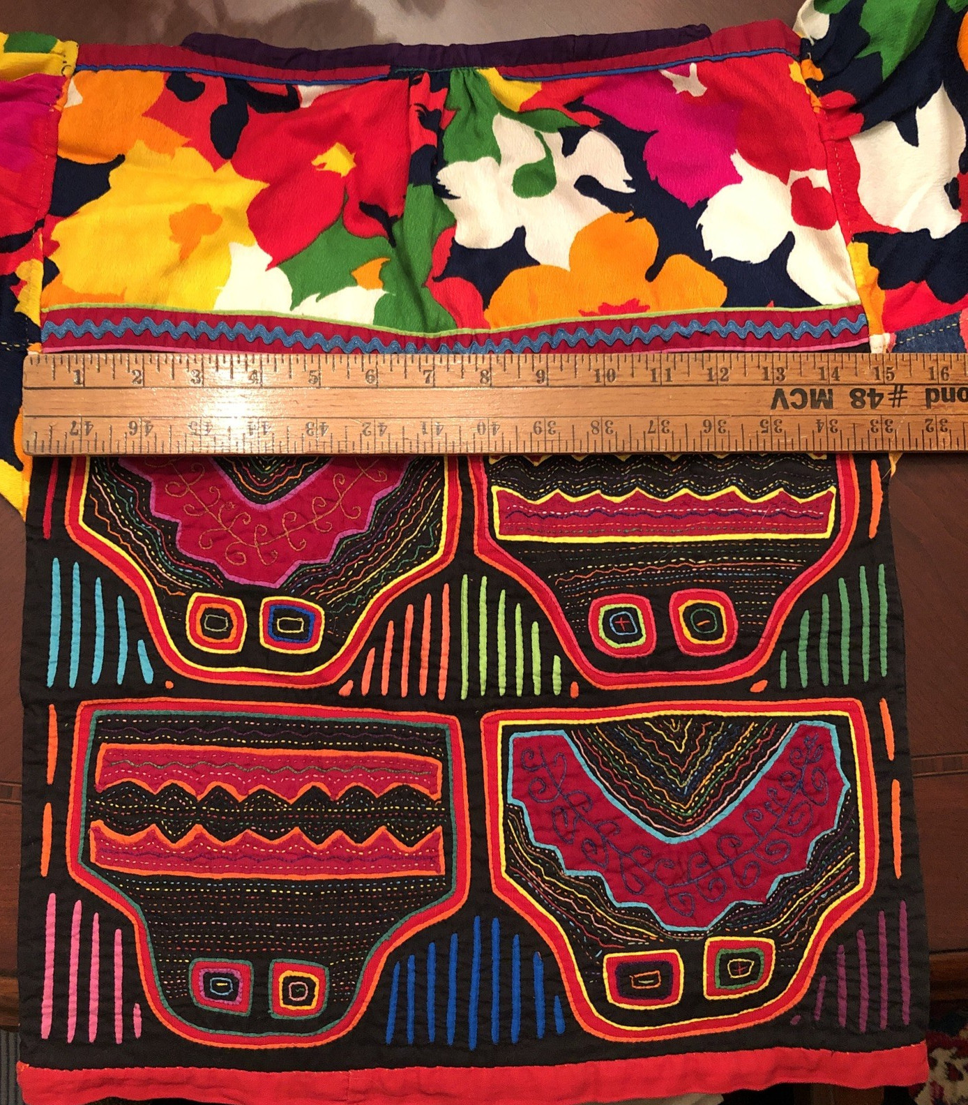 Vintage Kuna Mola Art Blouse Shirt Panama Handmade Floral Embroidered 2 Panels