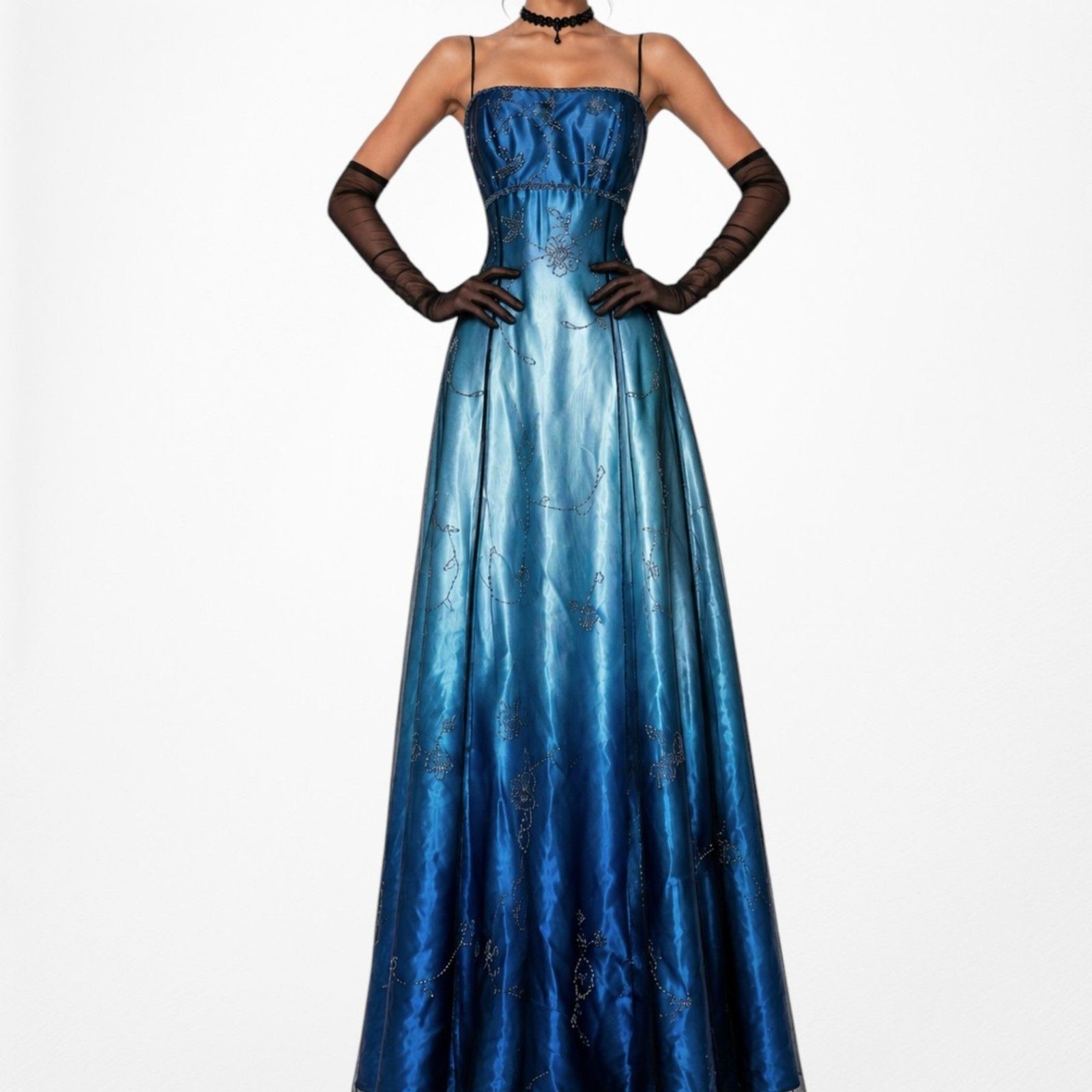 Vintage Y2K Blue Satin Ombre Floral Beaded Flared Mesh Maxi Prom Dress Size M/L
