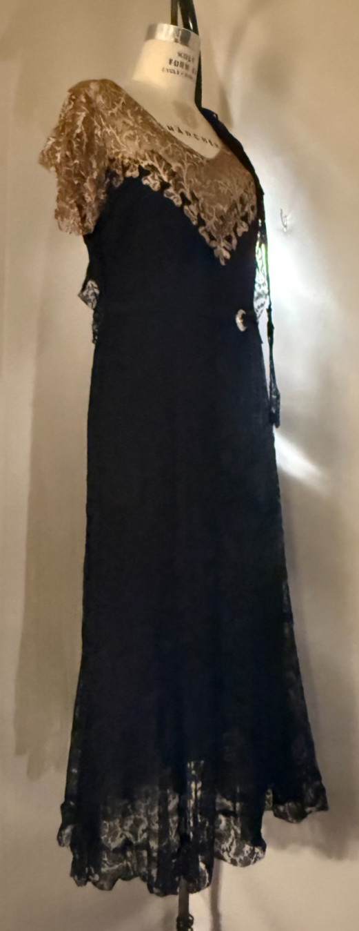 Vtg 1930s HOLLYWOOD DECO DRESS, 2 pc, ELABORATE ALENCON LACE w/ ILLUSION BODICE