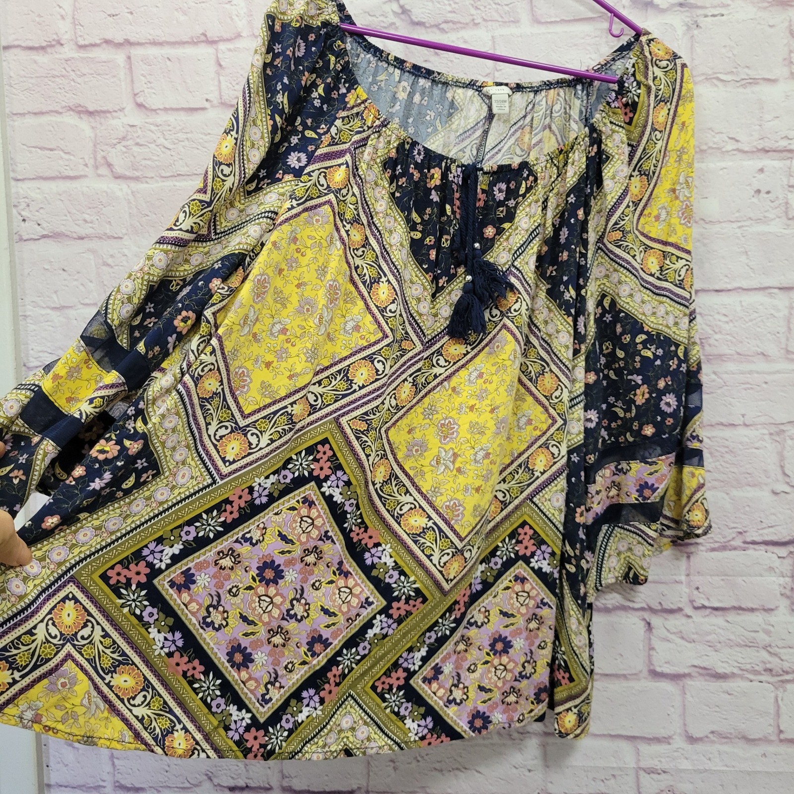 EST 1946 Boho Patchwork Floral Peasant Blouse 22/24W 100% Rayon Indie Cottage