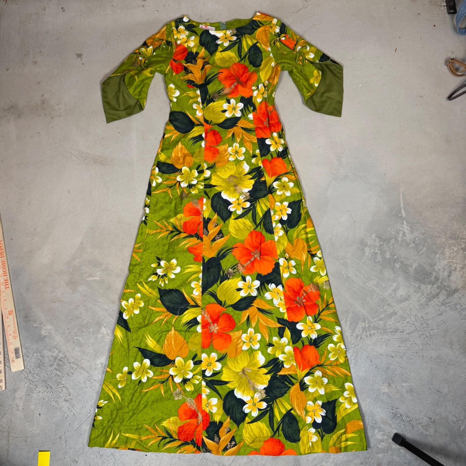 Vintage 60s Sears Hawaiian Fashions Floral Maxi Dress Green Orange Talon Zip S
