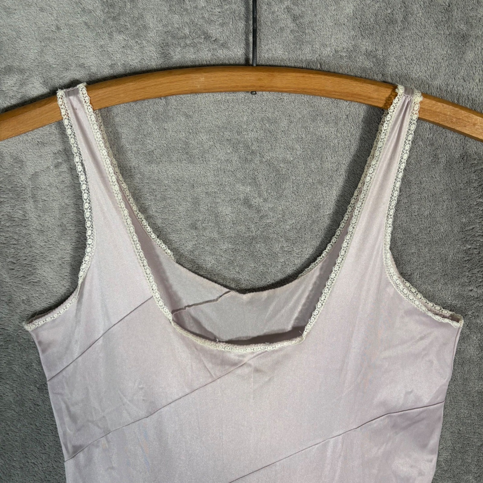 Vintage Lavender Satin Maxi Slip Dress Lace Trim Purple Ethereal Dainty Size S