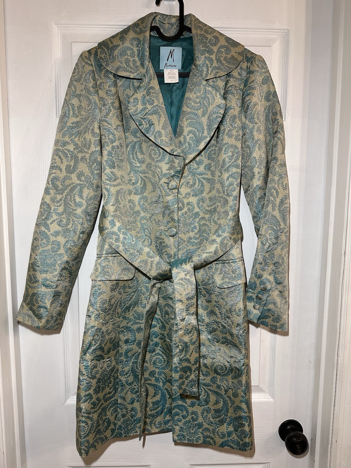 Vintage Marciano Jacquard Coat S/P Silver Blue Belted USA Made Jacket Y2K Indie