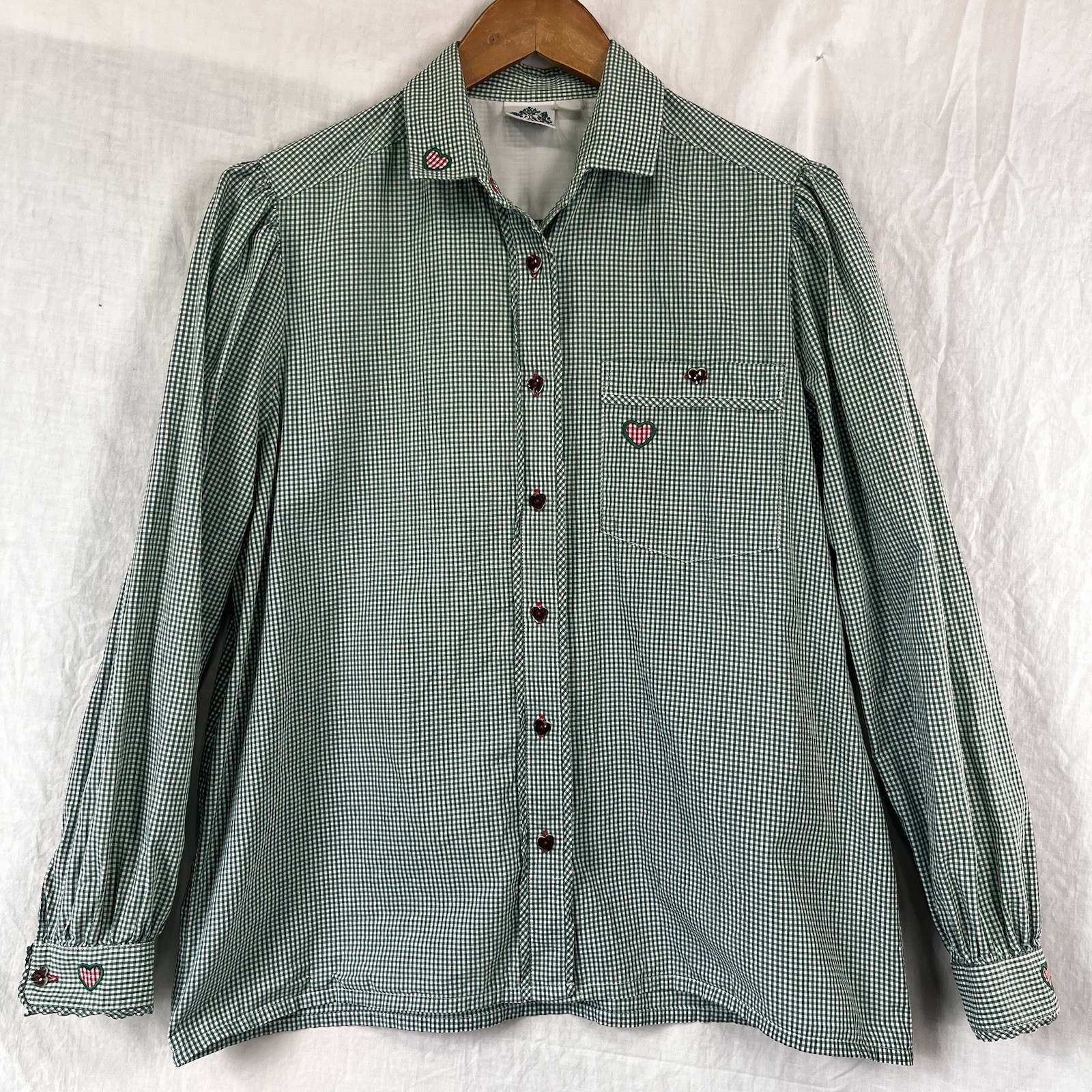 Hammerschmid Vintage Gingham Shirt Women Medium German Cotton Blouse Hearts Cute