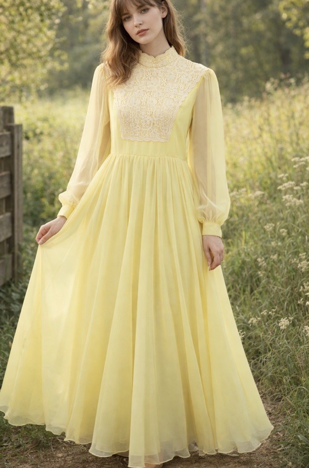 VTG 70s Nadine Victorian Style Maxi Dress Yellow Chiffon Ivory Lace Bib Size 7
