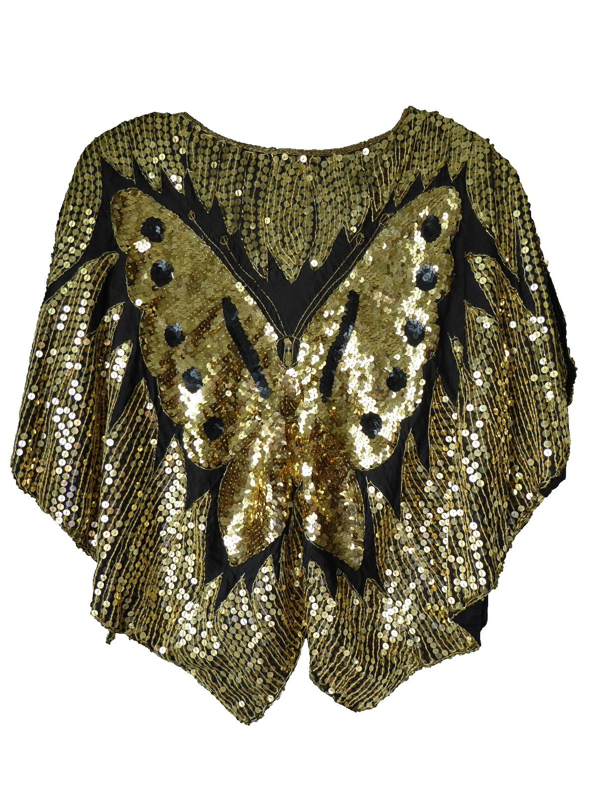 Vintage 70s Silk Top with Gold Sequin Butterfly, Free Size, Disco Blouse