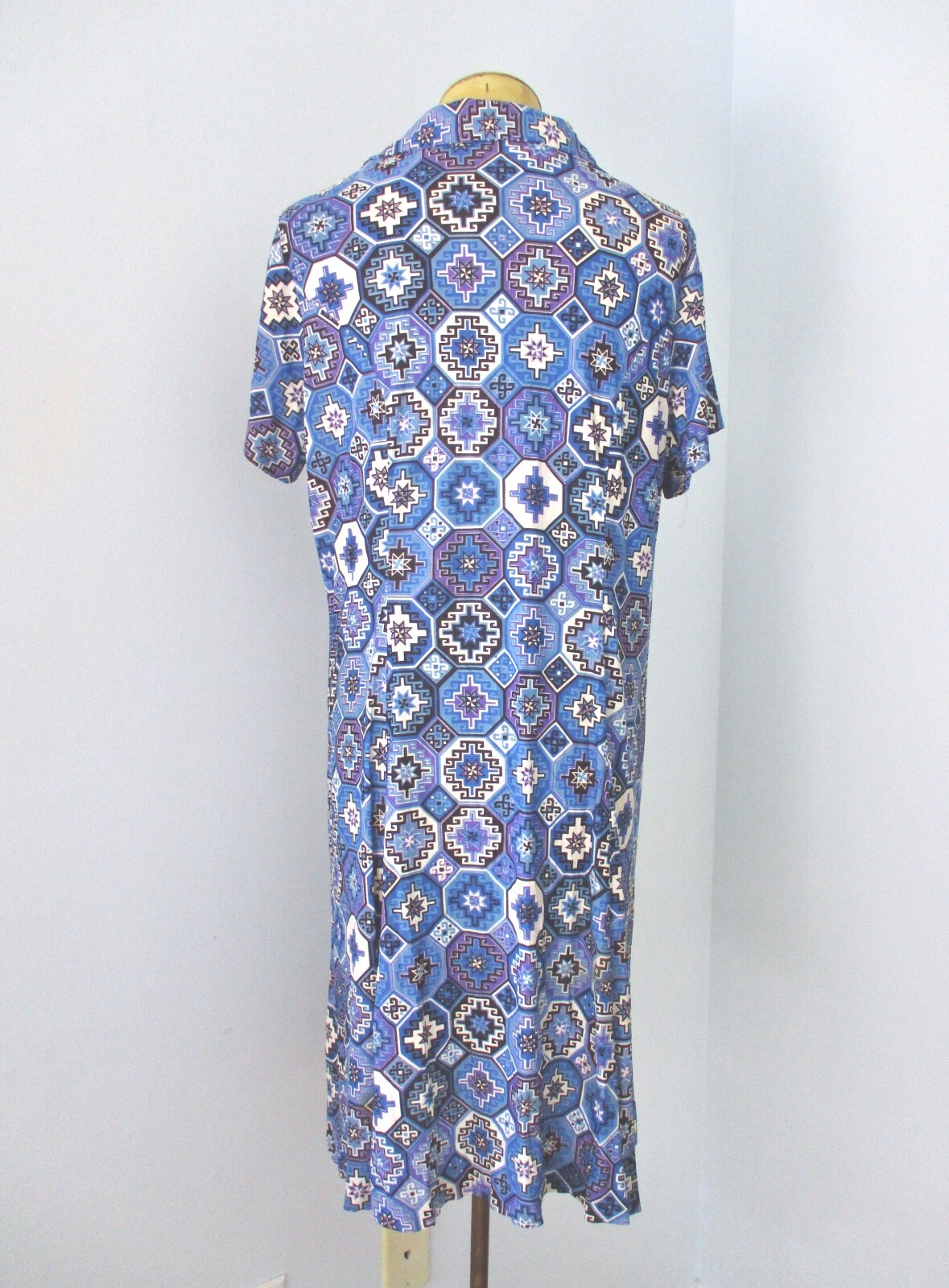 Vtg 60s 70s silky poly knit blue purple mosaic star button sheath day dress L/XL