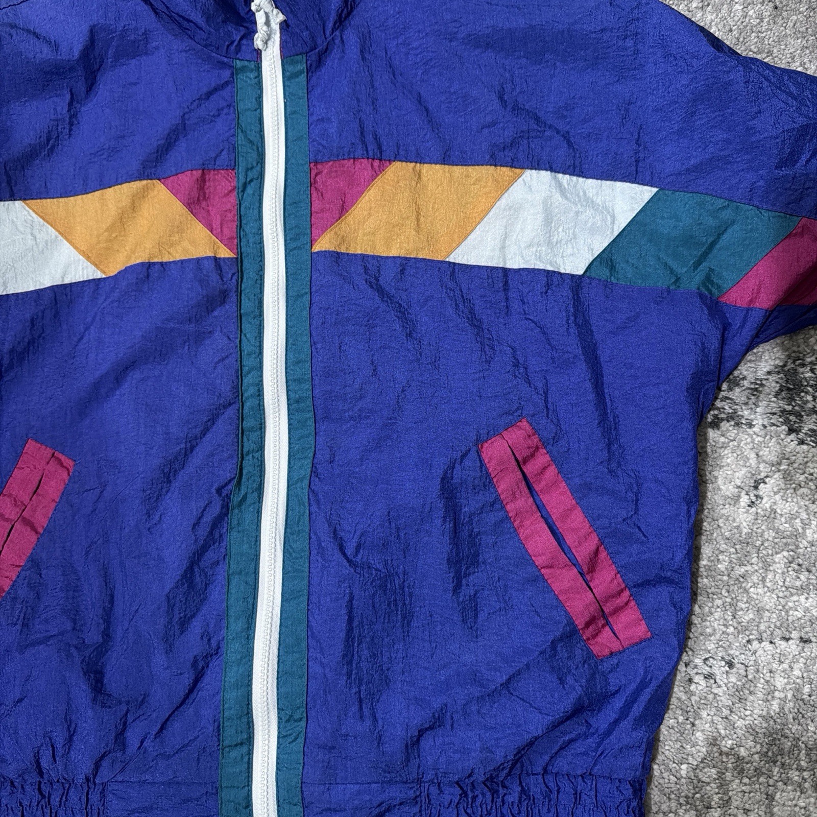 Westport Ltd. 1990s Geometric Colorblock Nylon Jacket Blue Pink Yellow Green