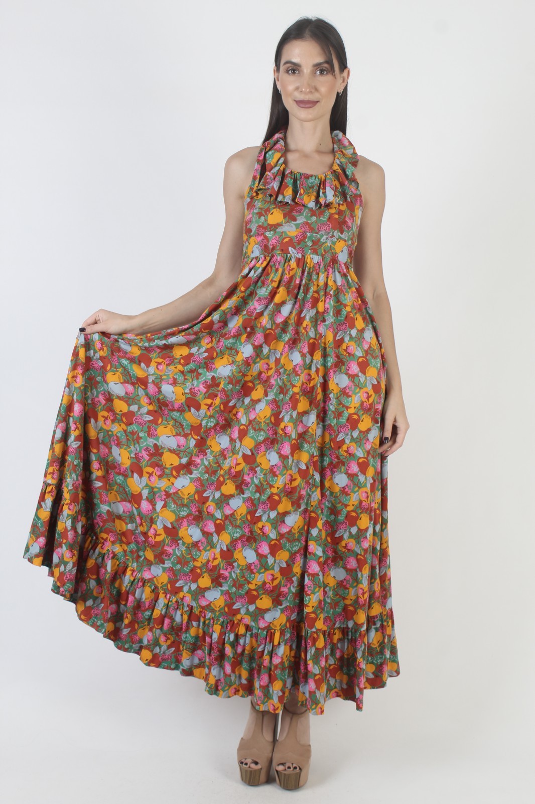 Vtg Climax by David Howard Halter Dress Prairie Hippie Floral Open Back Sundress