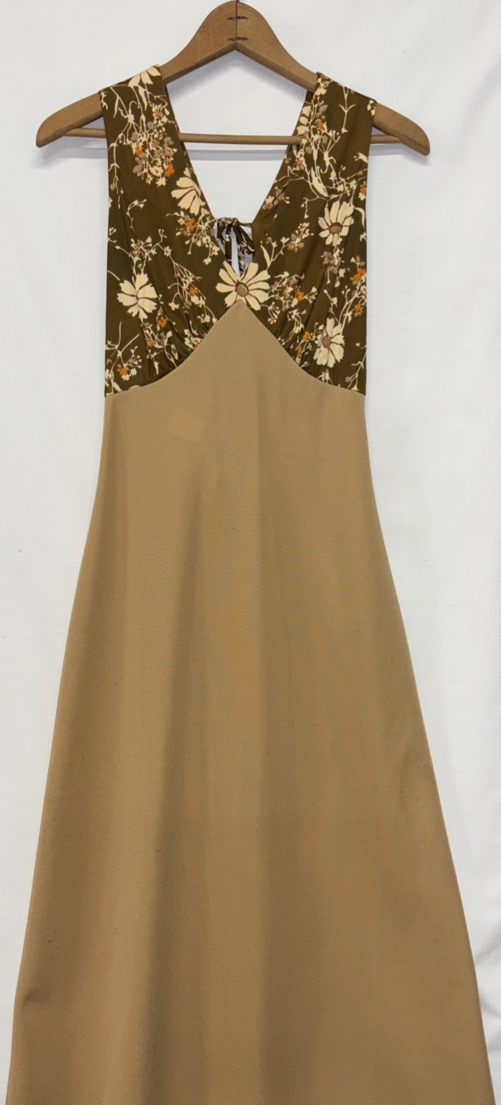 Vintage 70s Clancy JRS California 2 Piece Dress Brown Crème Floral Women’s Sz 9