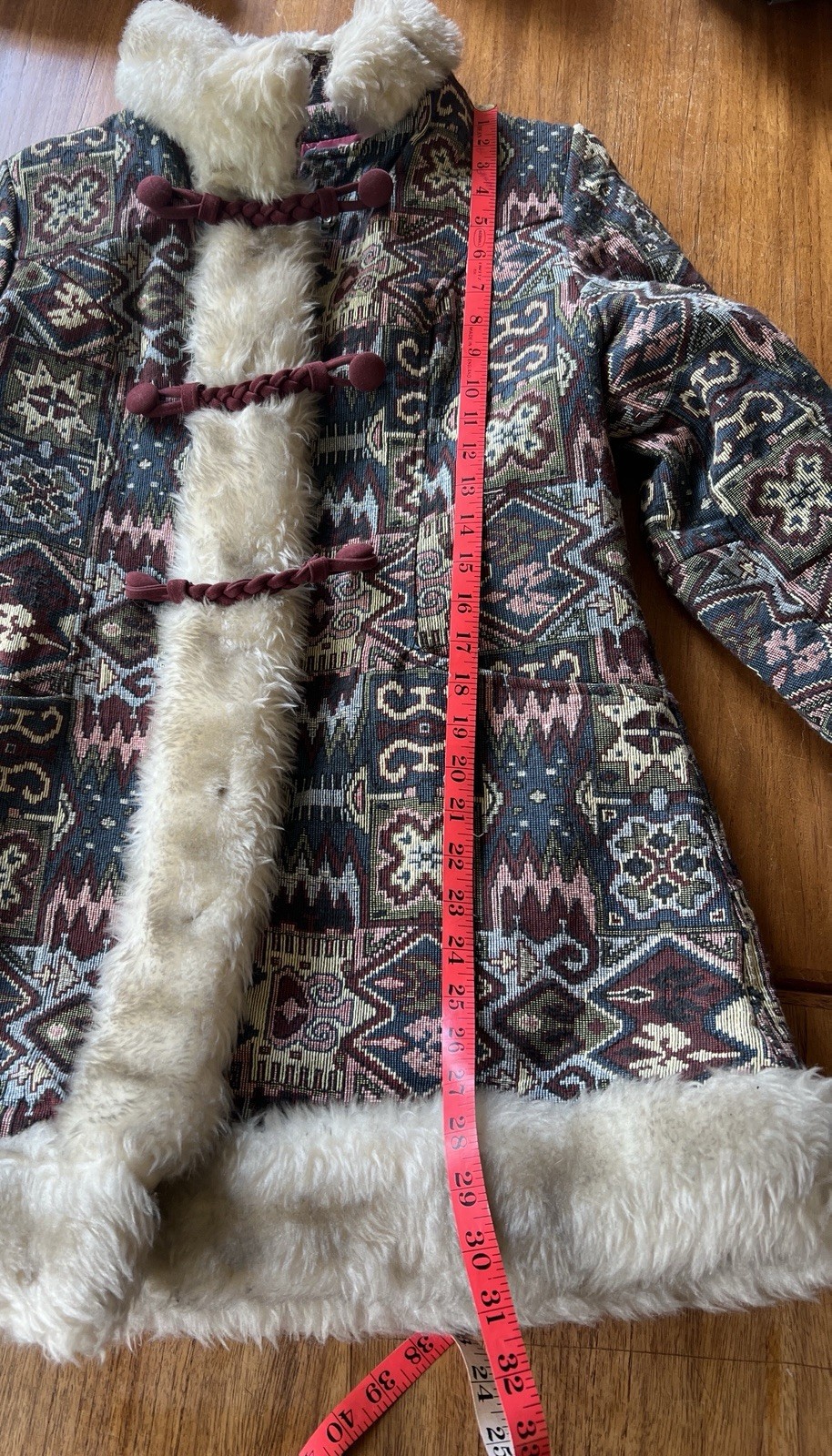 Vtg 60’s Boho Tapestry Carpet Coat Faux Fur