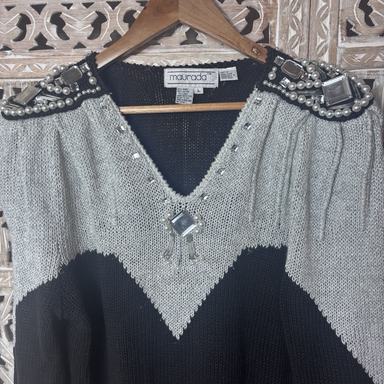 Vintage Maurada Pearl Rhinestone Metallic Embroidered V-Neckline Chevron Sweater
